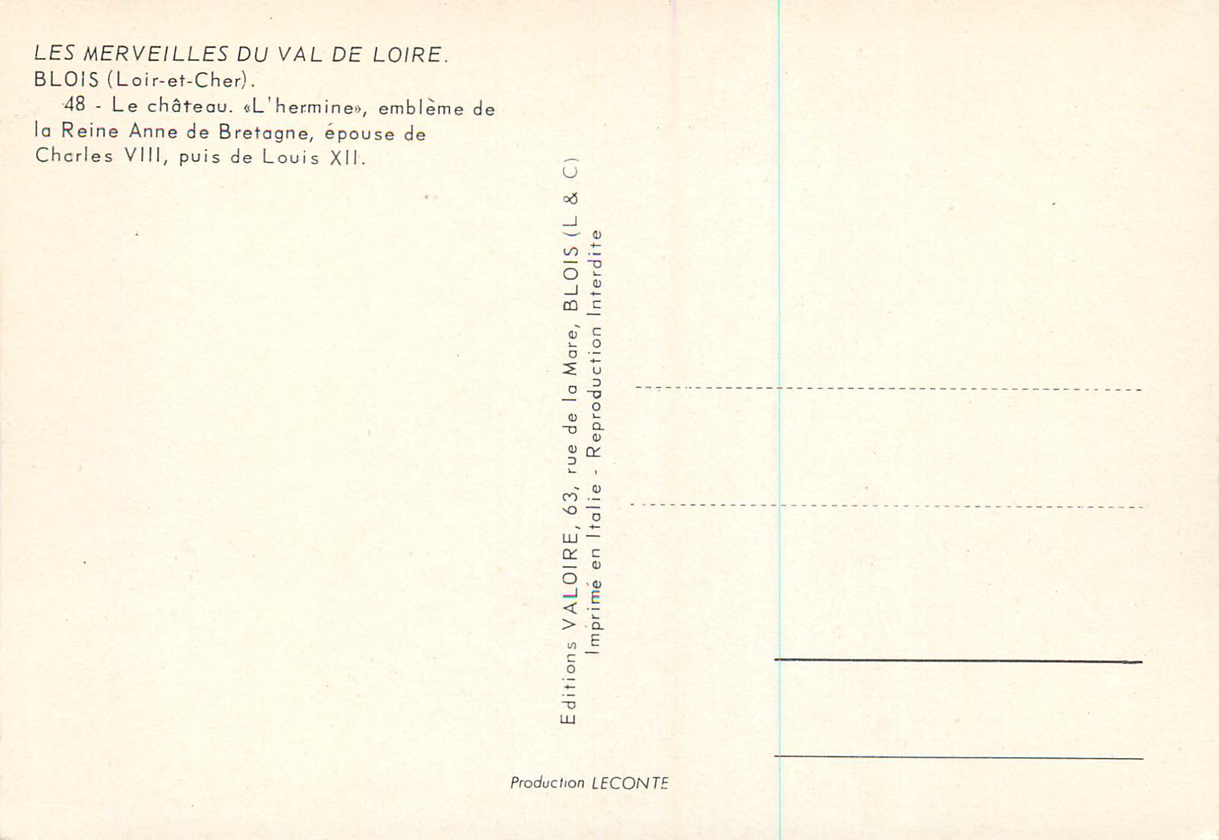 CPM Les Merveilles du Val de Loire Blois (Loir et Cher)Le chateau L'Hermine — Rückseite