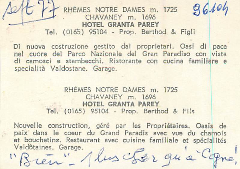Hôtel Granta Parey — Rhêmes Notre Dames — Propriétaires Berthod & Fils — Reverso