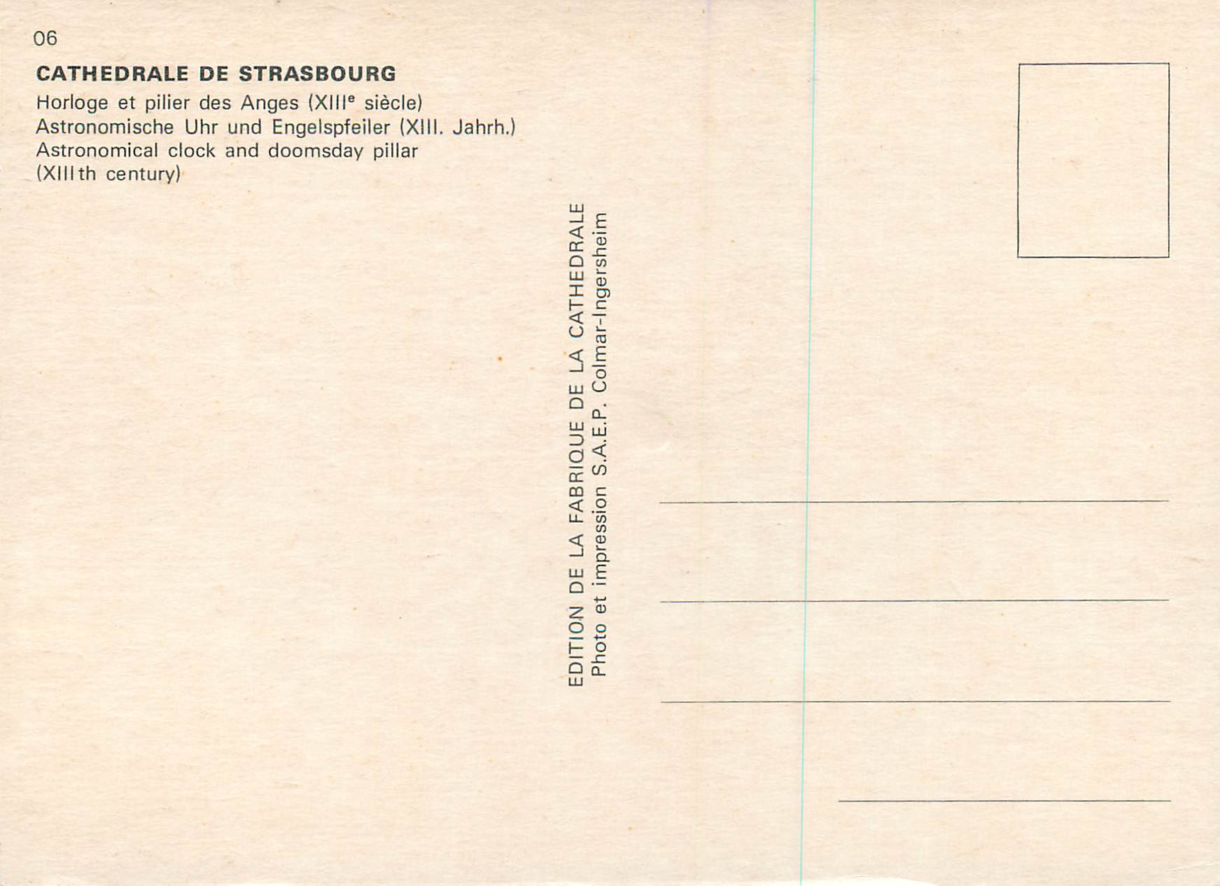 CPM Cathedrale de Strasbourg Horloge et pilier des Anges (XIIIe siecle) — Verso
