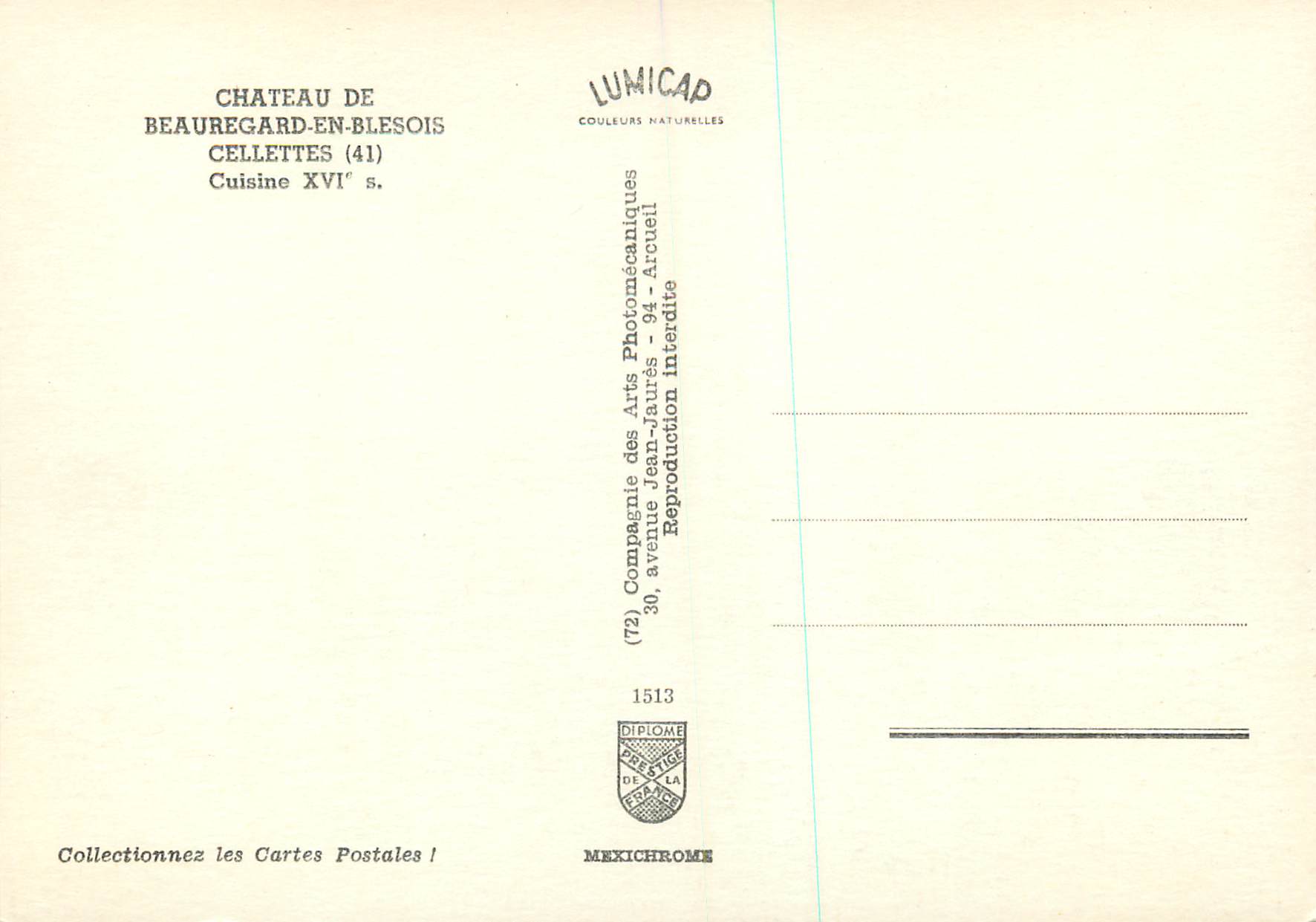 CPM Chateau de Beauregard en Blesois Cellettes Cuisine XVIe S — Rückseite