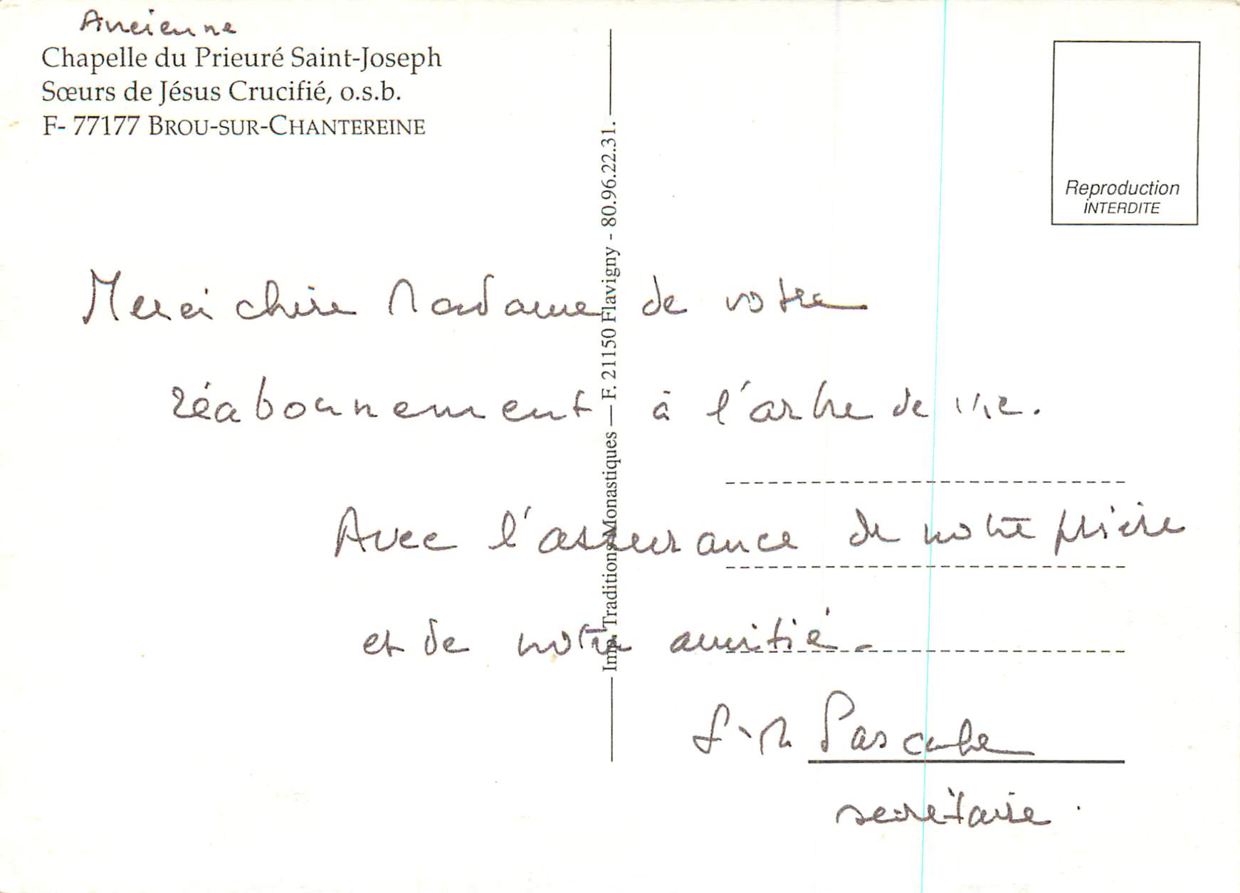 CPM Chapelle du Prieure Saint Joseph Soeurs de Jesus Crucifie osb Brou sur Chantereine — Rückseite