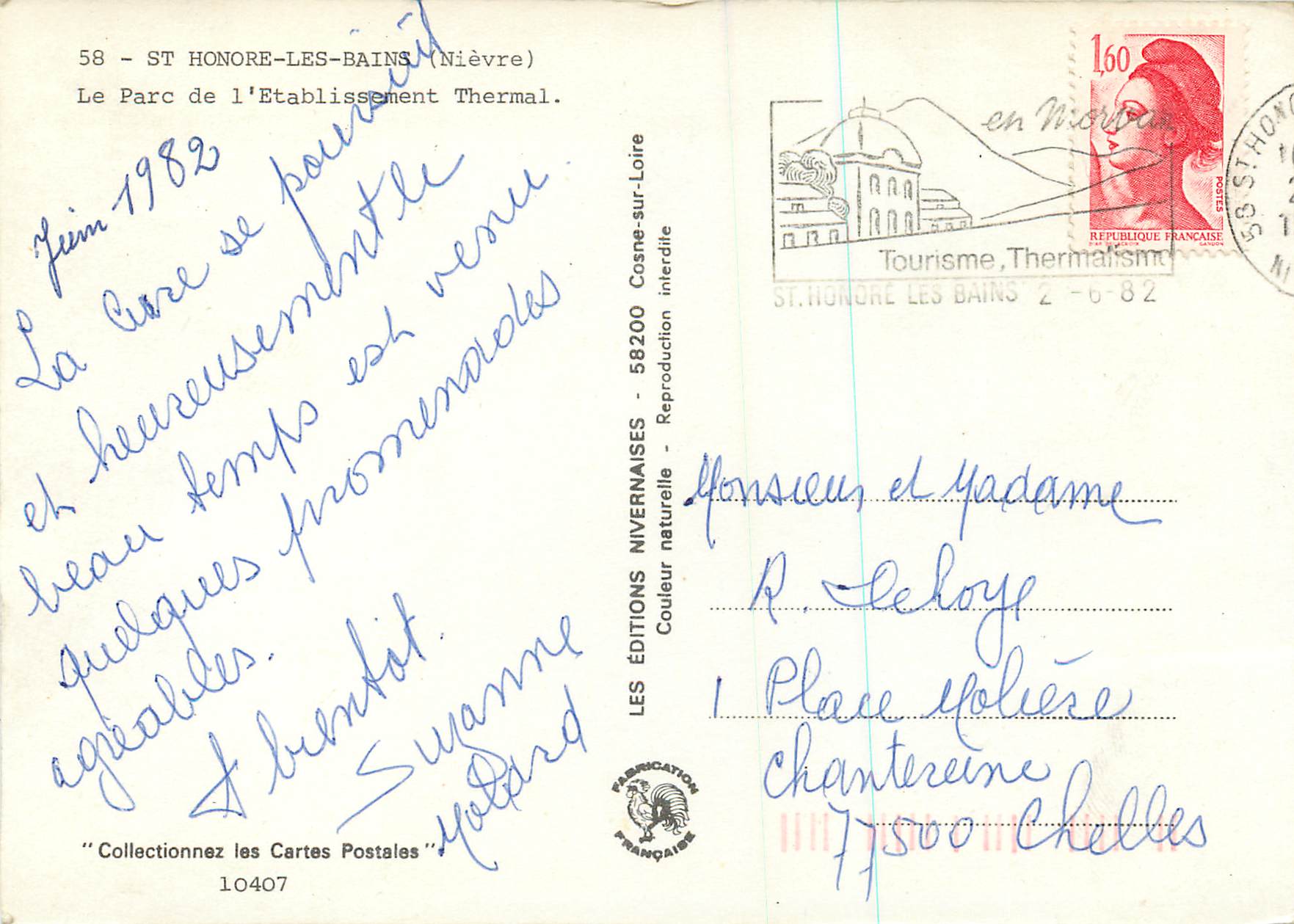 CPM St Honore Les Bains (Nievre)Le Parc de L'Etablissement Thermam — Rückseite