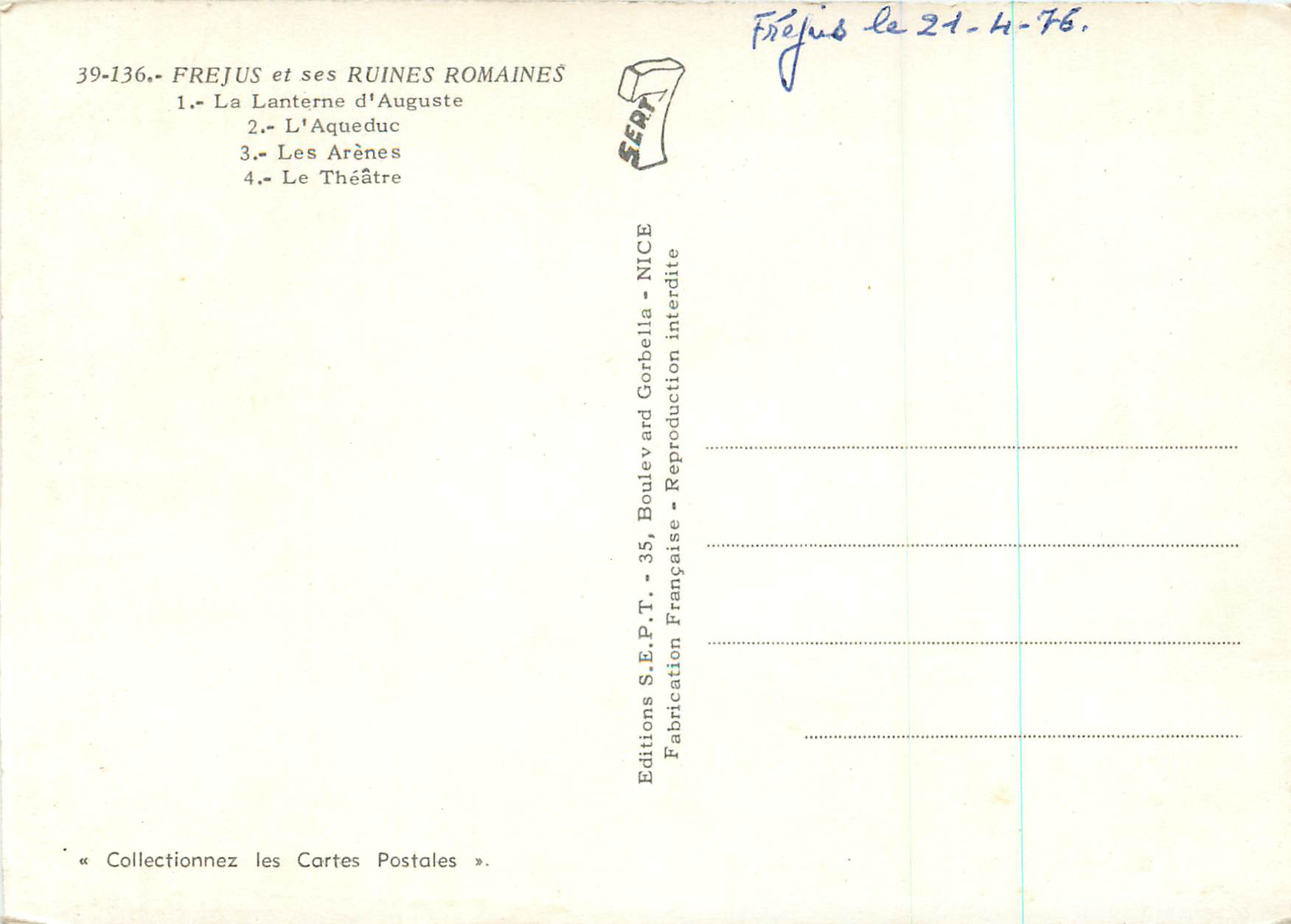 CPM Frejus et ses Ruines Romaines La Lanterne d'Auguste  — Rückseite