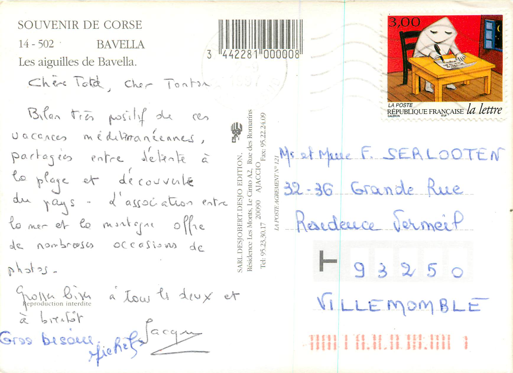 CPM Souvenir de Corse Bevella Les aiguilles de Bavelle — Verso