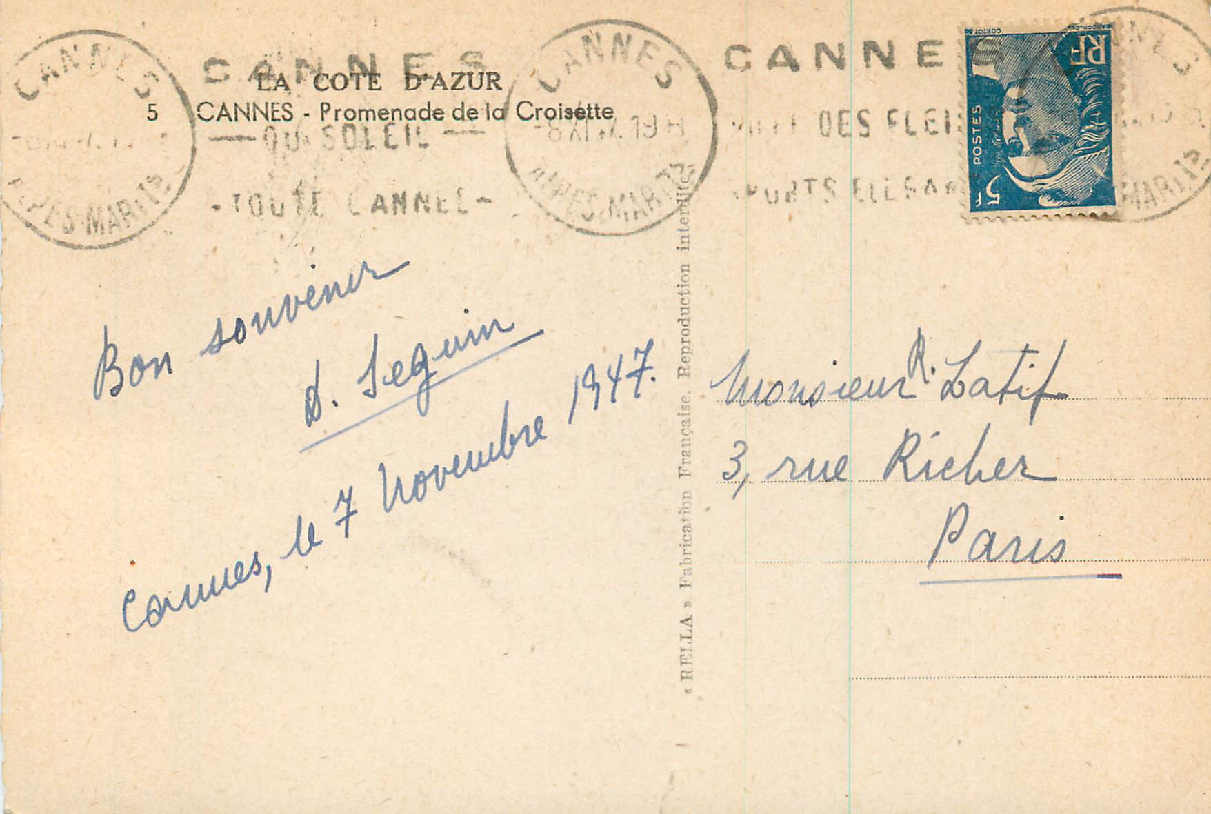 Cannes - Promenade de la Croisette — Quai des Fleurs — éditeur Rella, n°5 — Rückseite