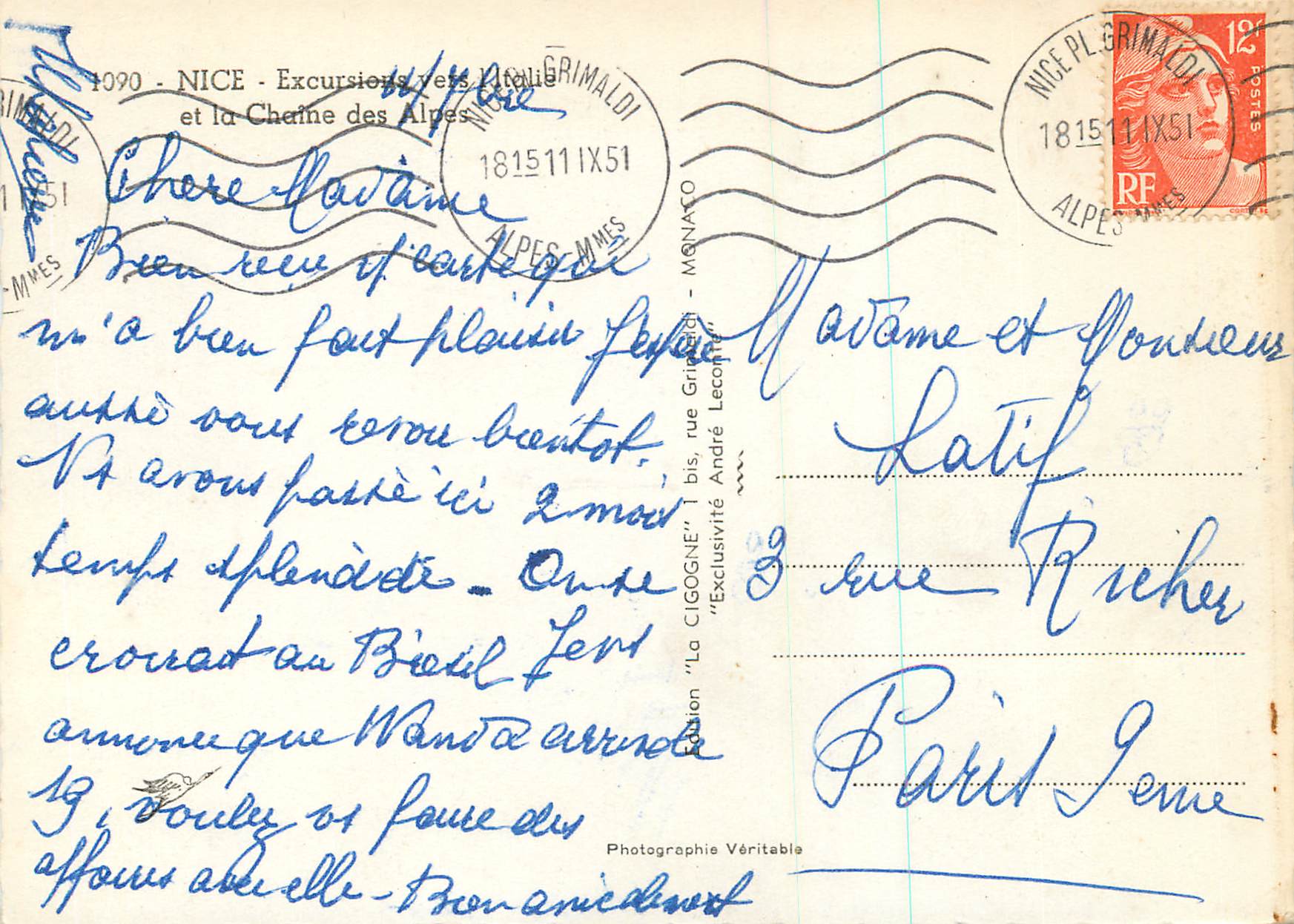 CPM Nice Excursion ver Italie et la Chaine des Alpes — Verso