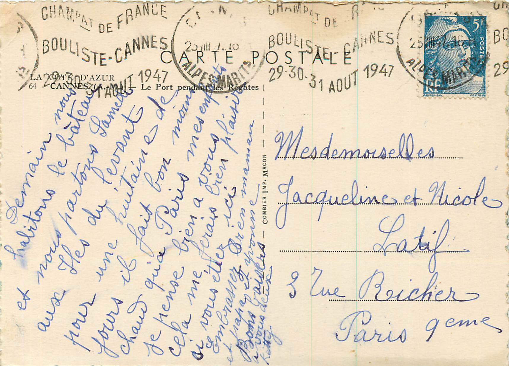 Port de Cannes — vue des bateaux et des bâtiments — Carte postale Combière Imp. Macon — Verso