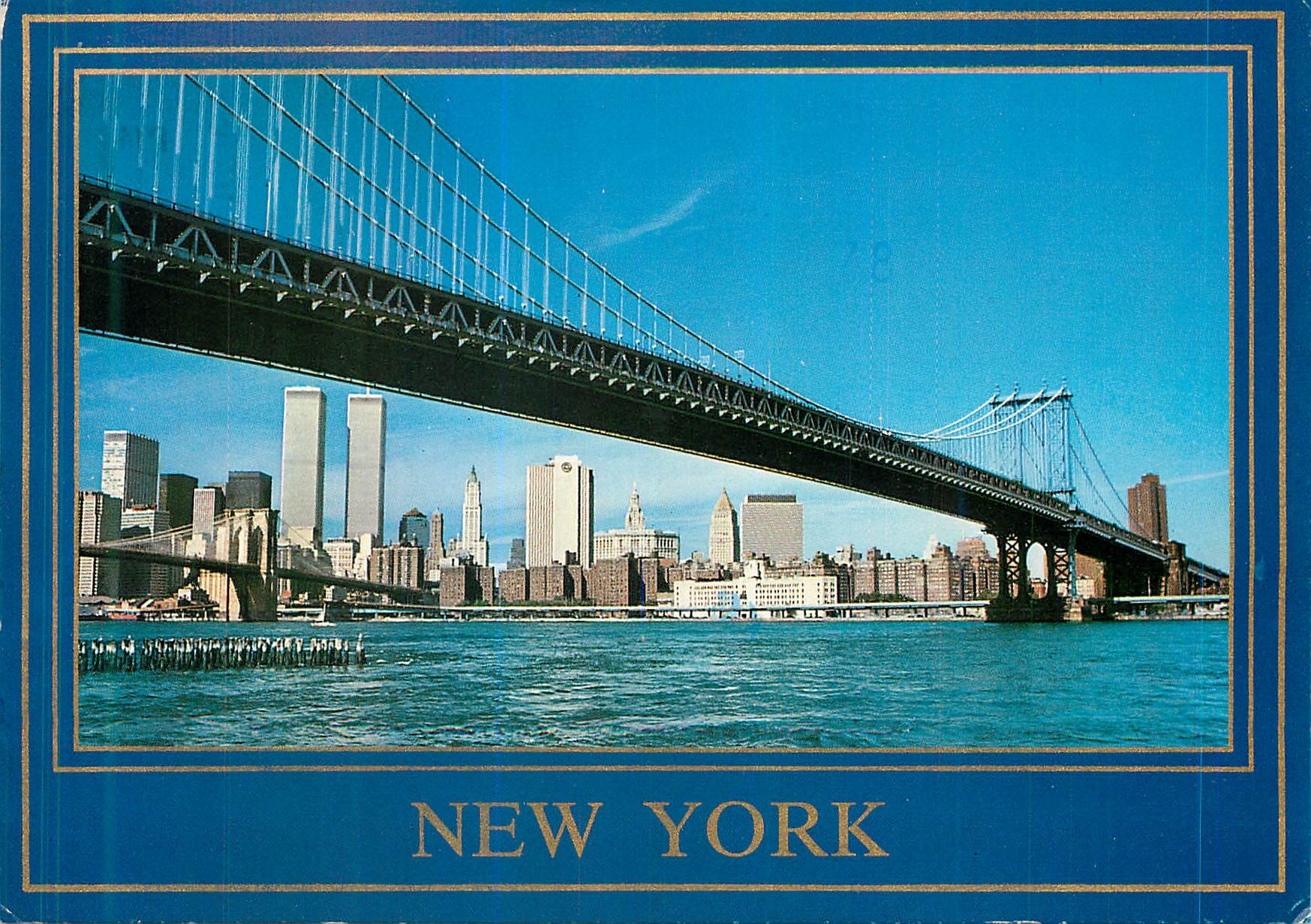 CPM The Manhattan Bridge with Downtown New York skyline The East River is in the foreground