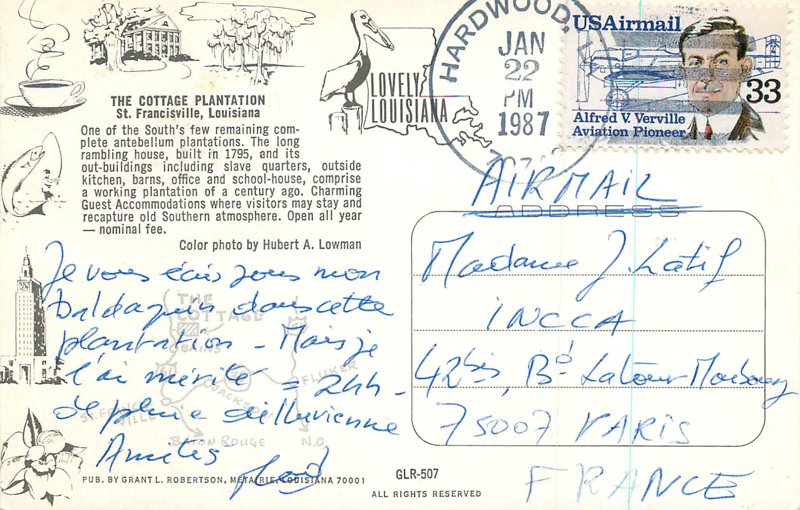 CPM The Cottage Plantation St Francisville Louisiana — Rückseite