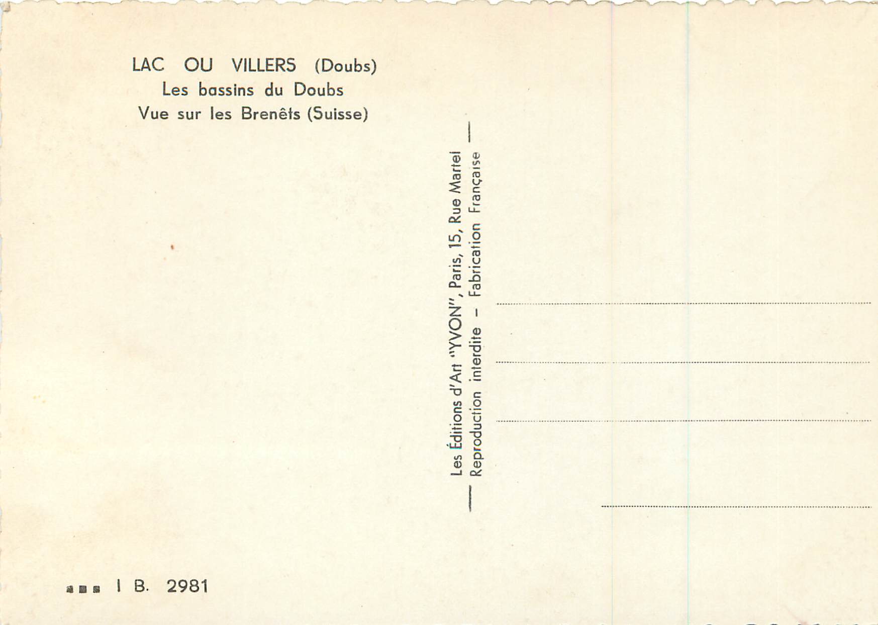 Lac ou Villers (Doubs) — Vue sur les Brenêts (Suisse) — Éditions d'Art 'YVON', Paris — Rückseite