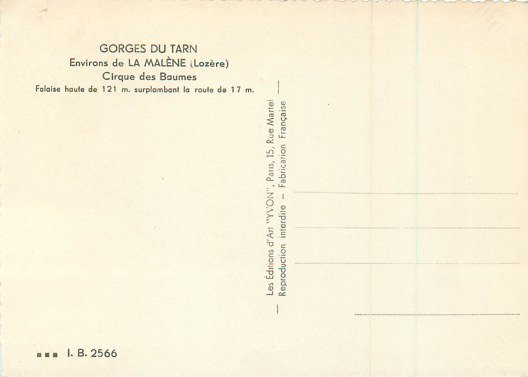 CPM Gorges du Tarn Environs de la malene (Lozere)Cirque des Baumes Falaise haute de 121 ù — Rückseite
