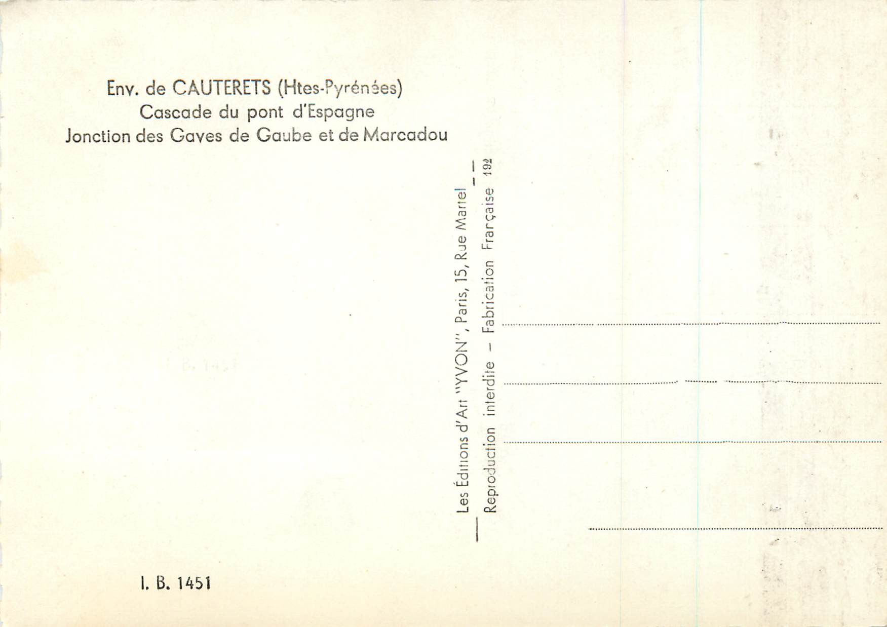 CPM Env de Cauterets (Htes Pyrenees)Cascade du Pont d'Espagne Jonction des Graves de Gaube et de Marcadou — Rückseite