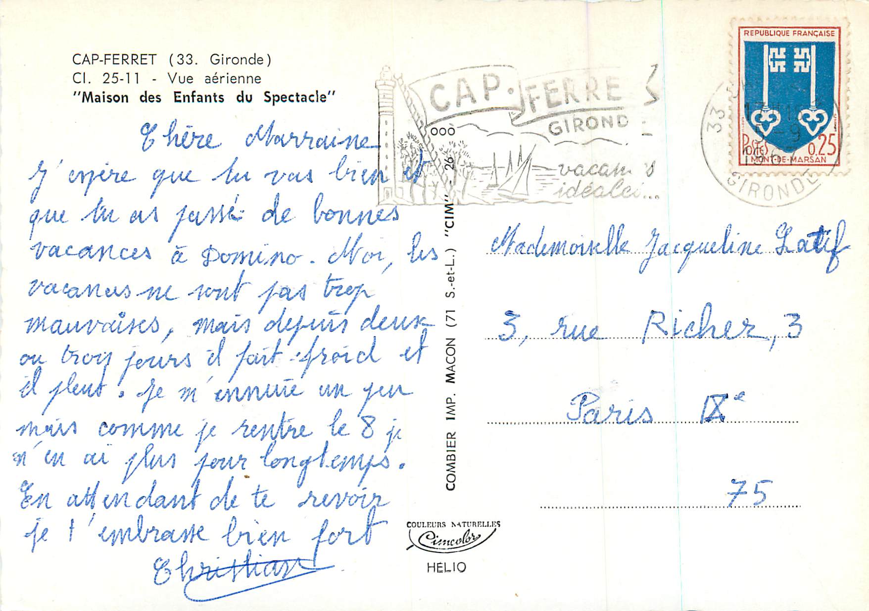 Cap-Ferret (33. Gironde) — Vue aérienne de la 'Maison des Enfants du Spectacle' — Cim — Verso