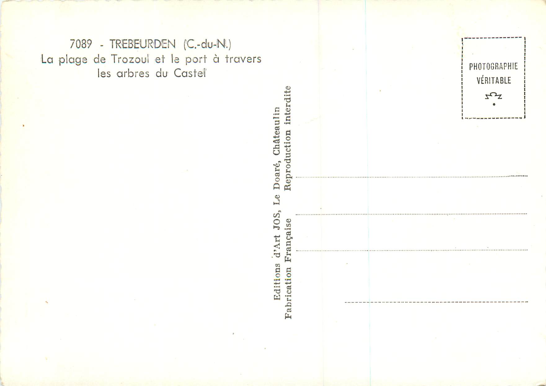 Plage de Trozoul et le port à travers les arbres du Castel — Trebeurden (C.-du-N.) — Éditions d'Art JOS — Reverso