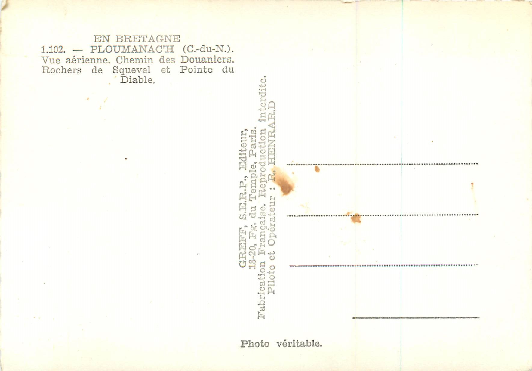 PLOUMANAC'H (C.-du-N.) — Vue aérienne. Chemin des Douaniers. Rochers de Squevel et Pointe du Diable — Grefff, S.E.R.P., Paris — Reverso