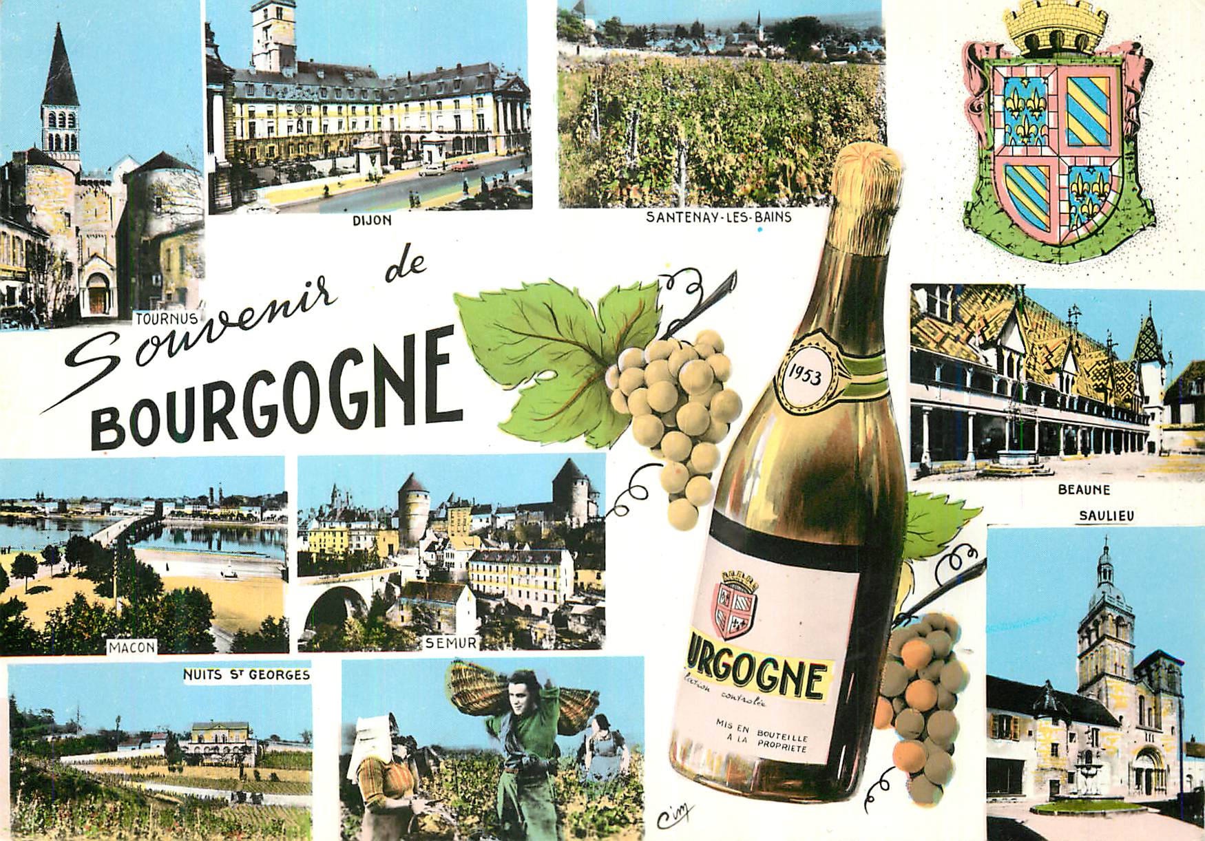CPM Souvenir de Bourgogne Tournus Dijon Santenay les Bains Saulieu Beaune Nuits St Georges Semur
