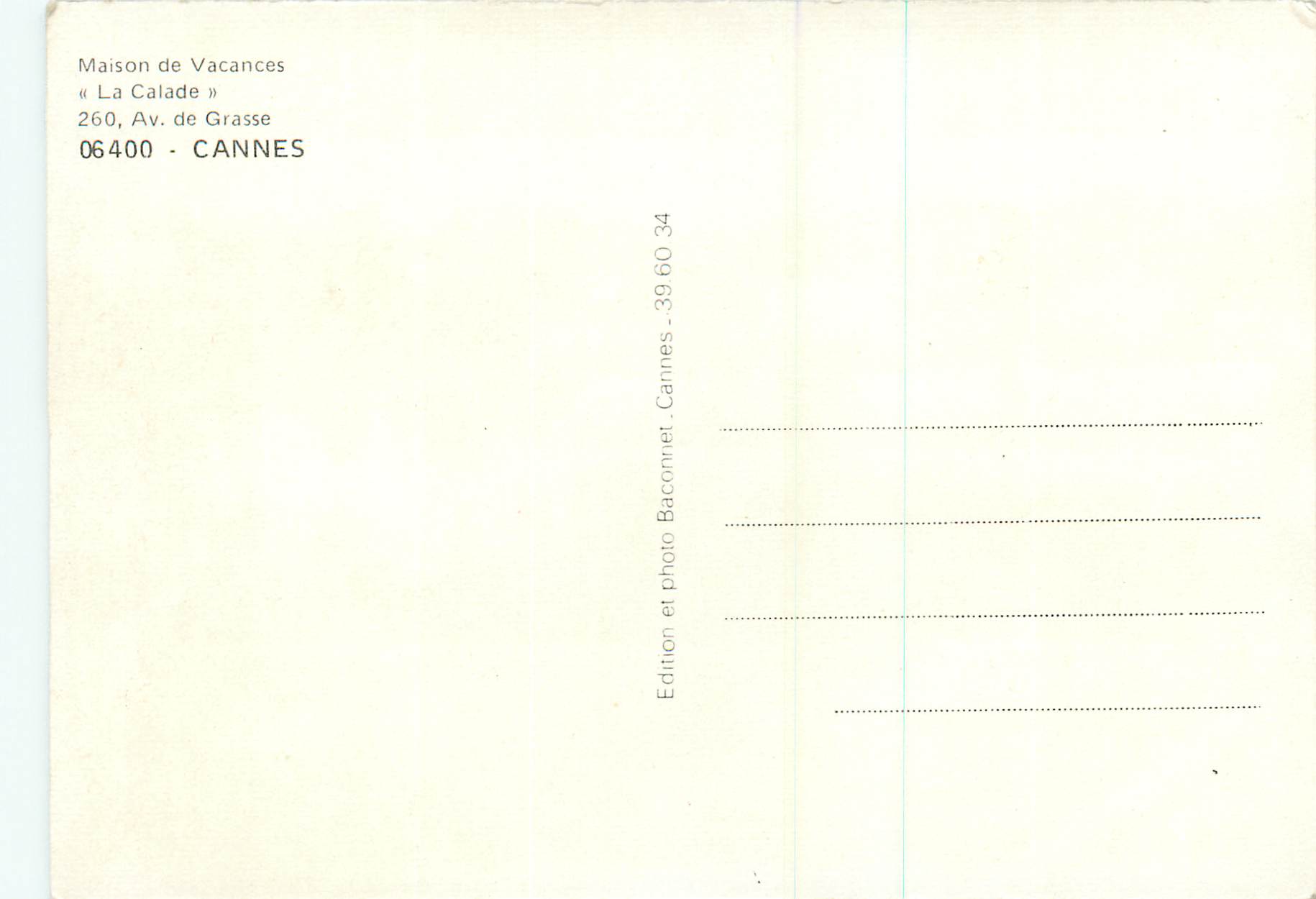 Maison de Vacances « La Calade » — Cannes — édition et photo Baconnet — Verso