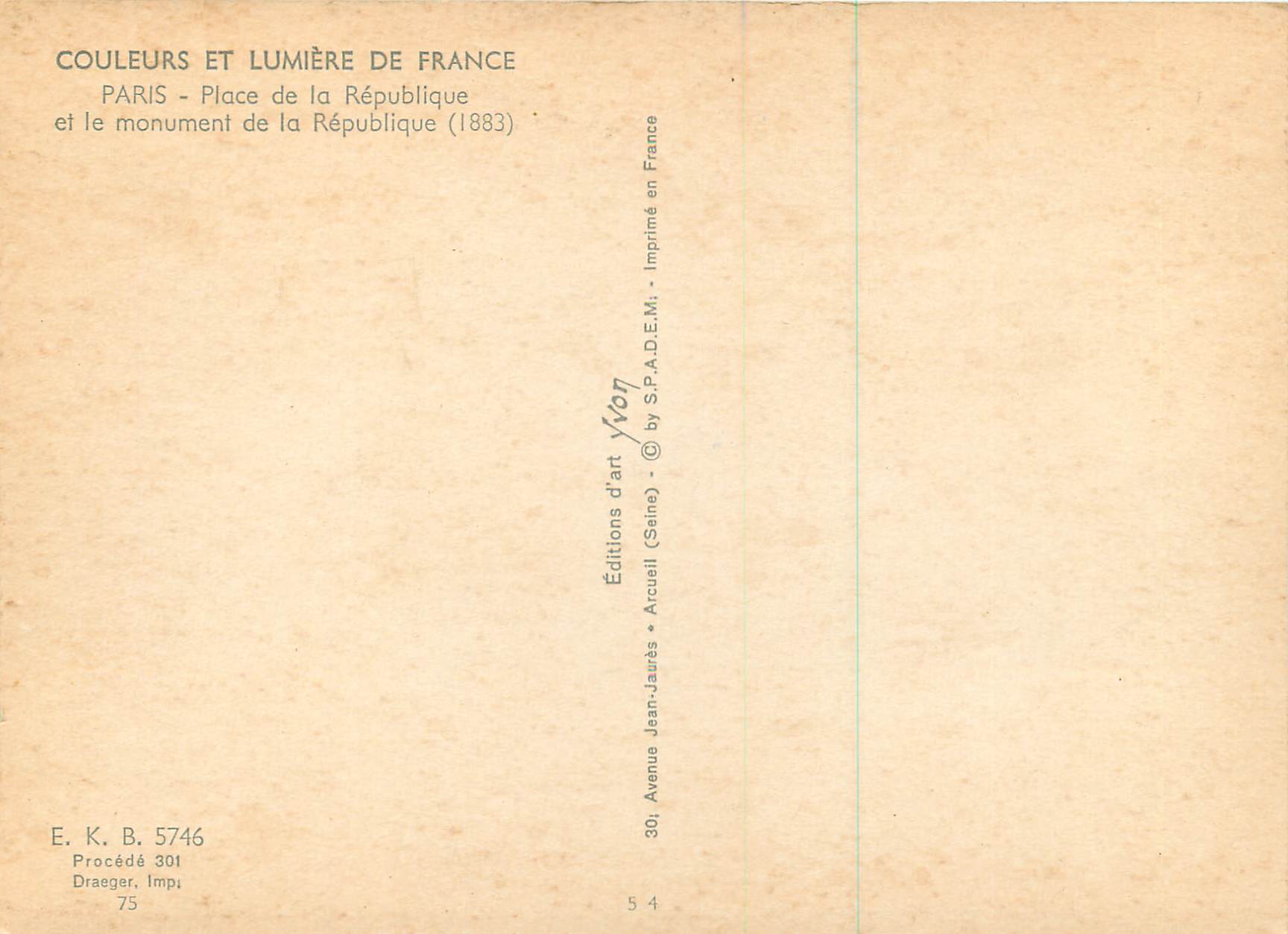 CPM Couleurs et Lumiere de France Paris Place de la Republique et le monument de la republique (1883) — Rückseite