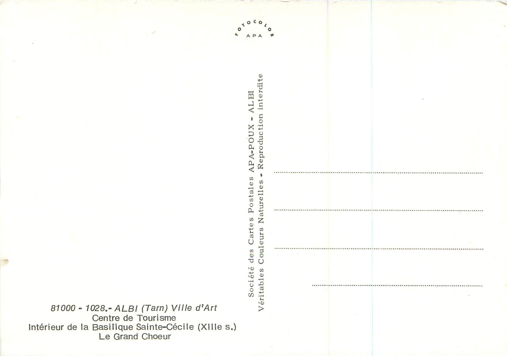 Intérieur de la Basilique Sainte-Cécile — Le Grand Chœur — Société des Cartes Postales Naturelles APA — Reverso