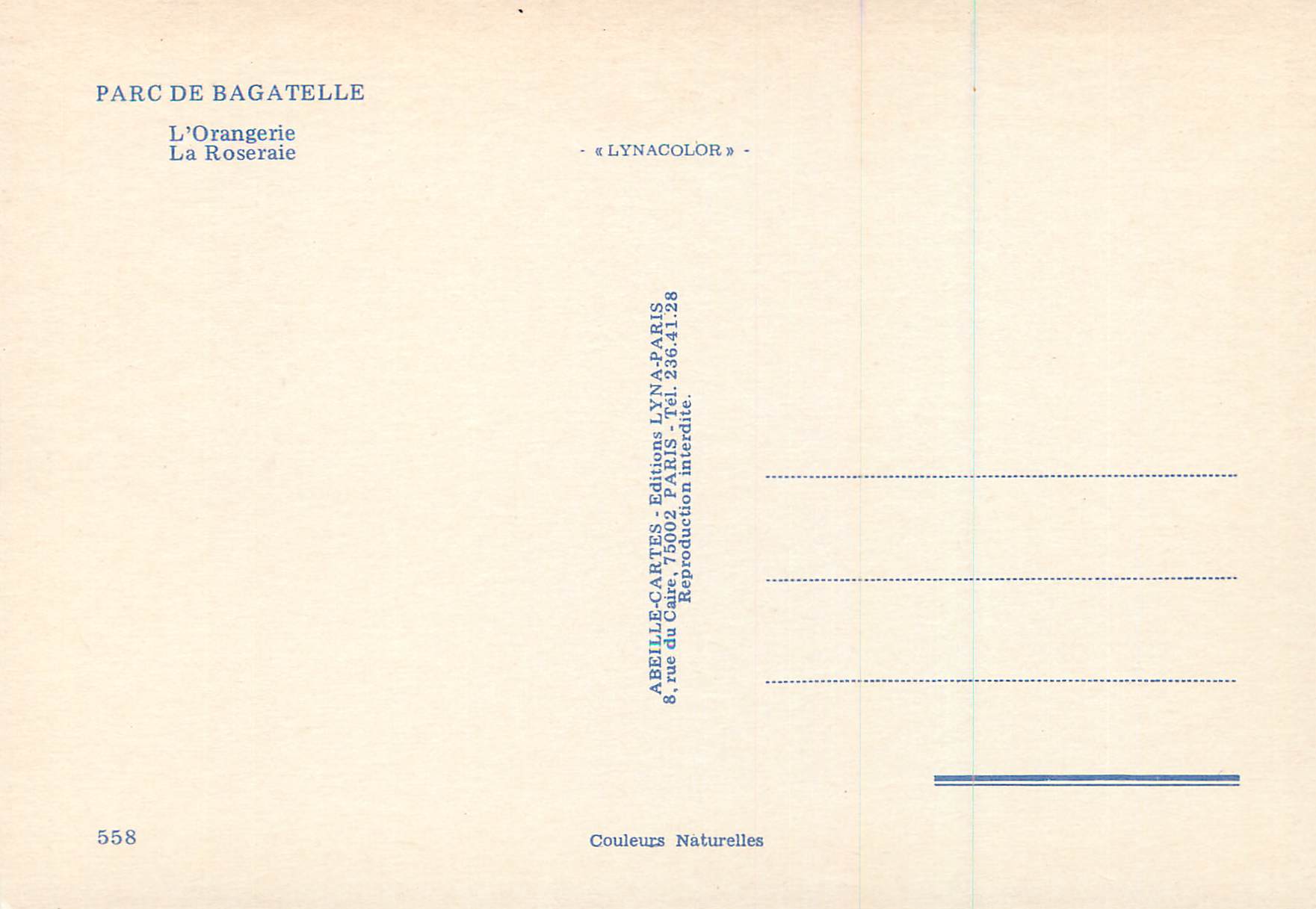CPM Parc de Bagatelle L'Orangerie La Roseraie — Rückseite