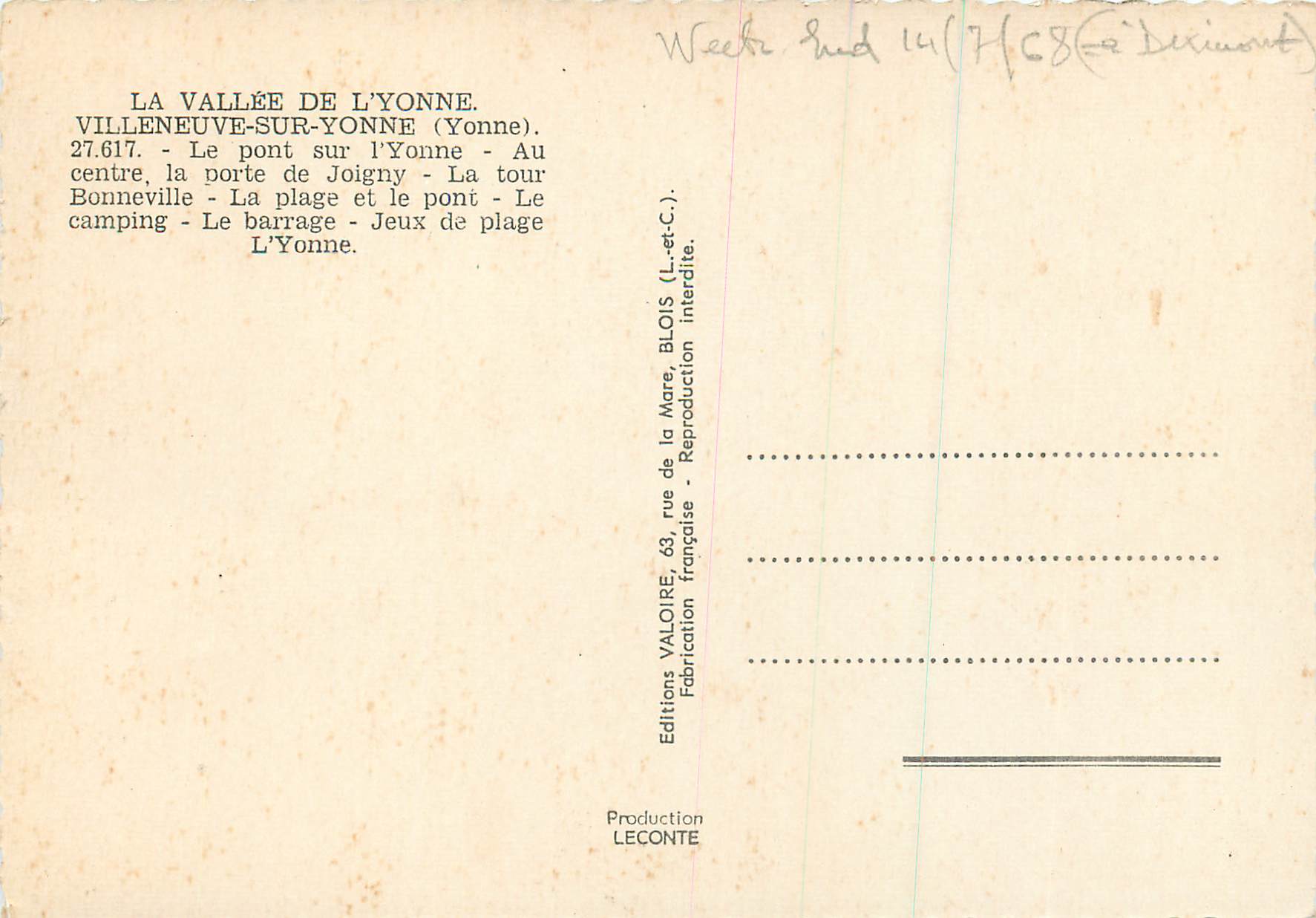 CPM Villeneuve sur Yonne — Verso