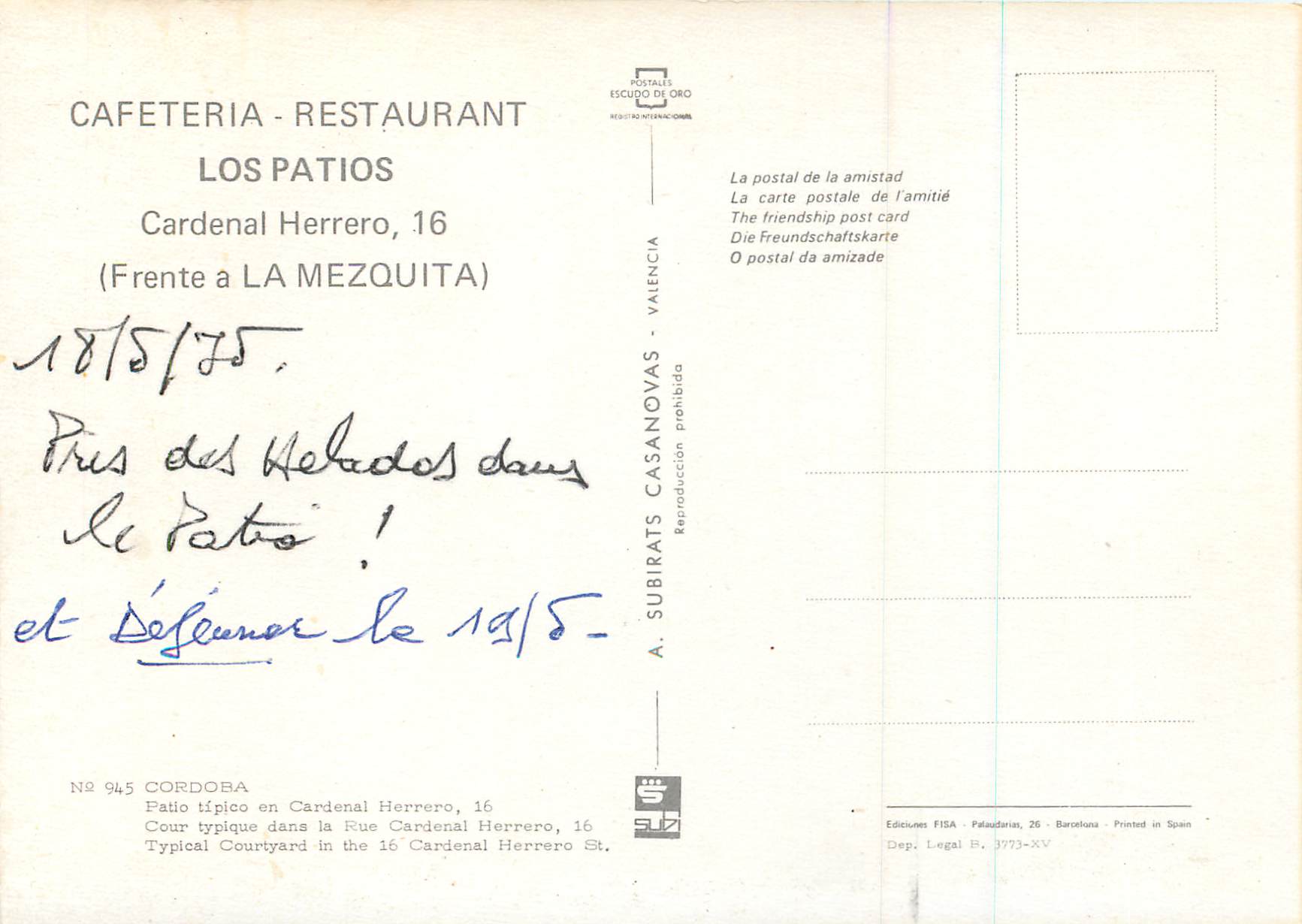 CPM Cafeteria Restaurant Los Patios Cardenal Herrero — Rückseite