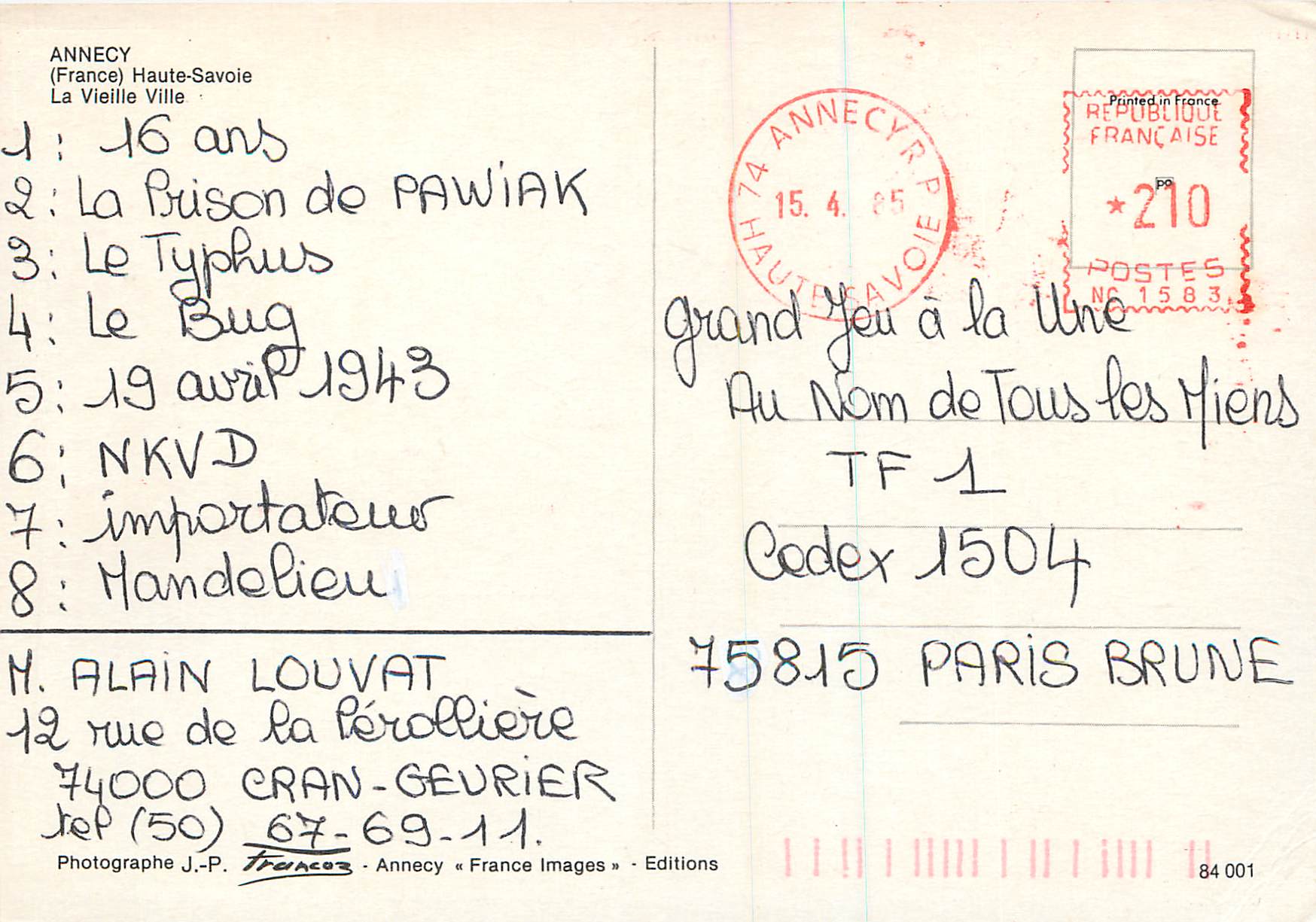 CPM Annecy (France)Haute Savoie La Vieille Ville — Verso