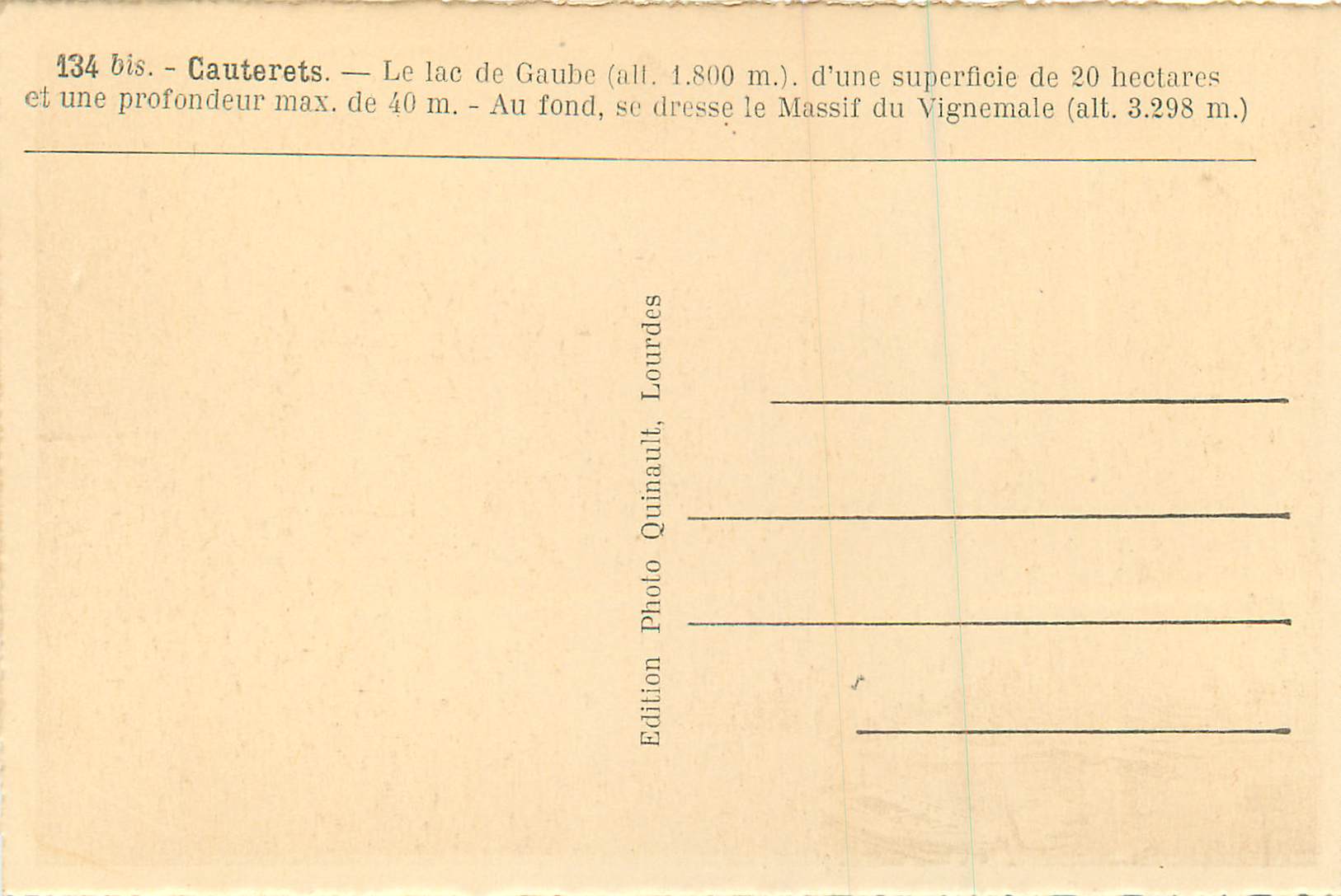 Lac de Gaube — Cauterets — Édition Quinault, Lourdes — Verso