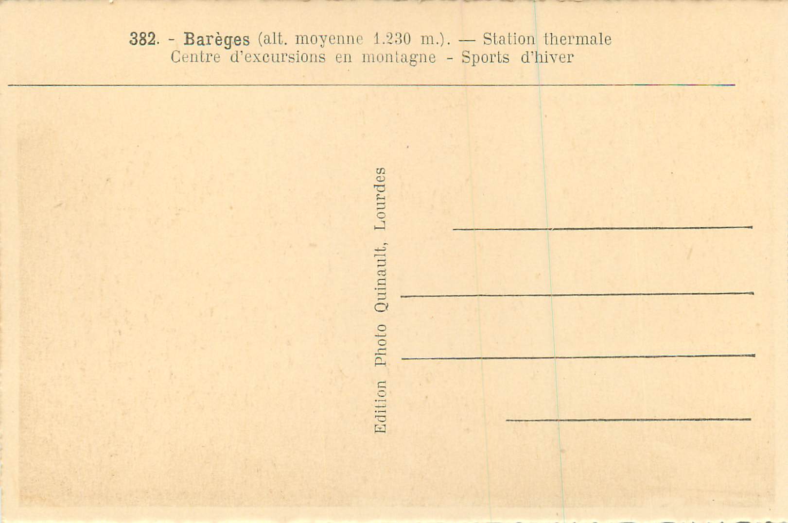 Barèges — Station thermale et centre d'excursions en montagne — Édition Quinault, Lourdes — Verso
