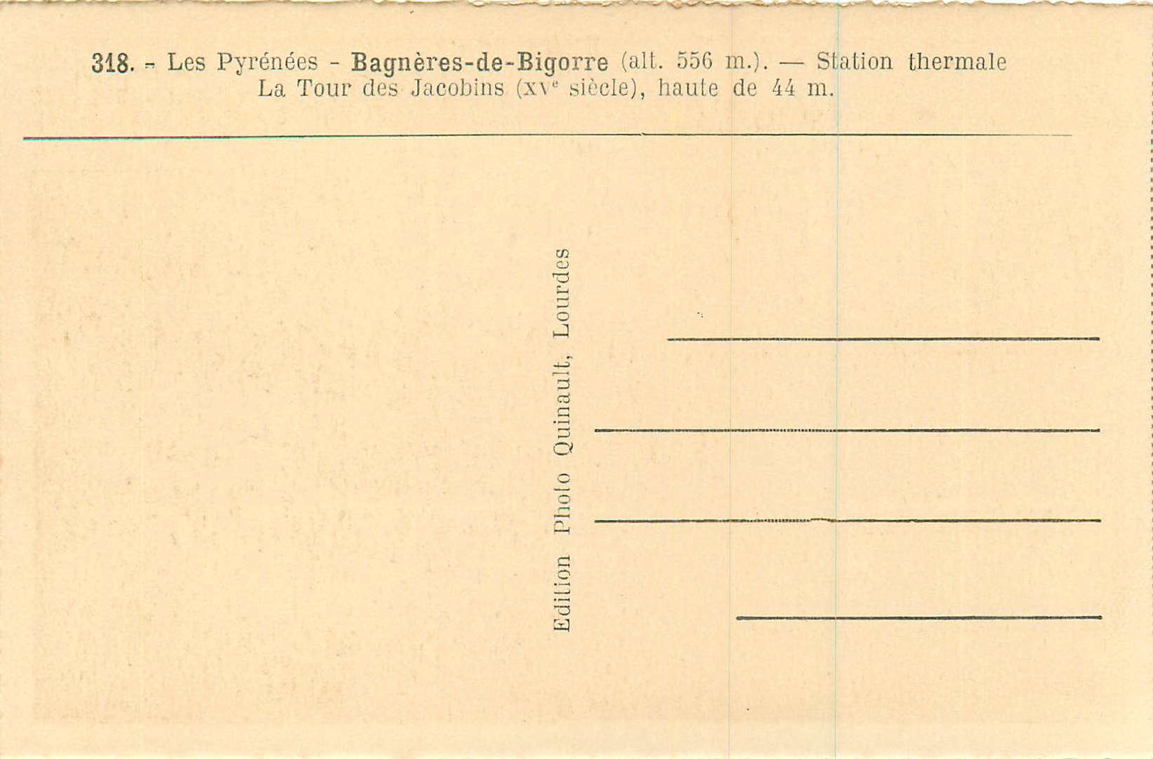 Bagnères-de-Bigorre — La Tour des Jacobins — Edition Quinault, Lourdes — Back