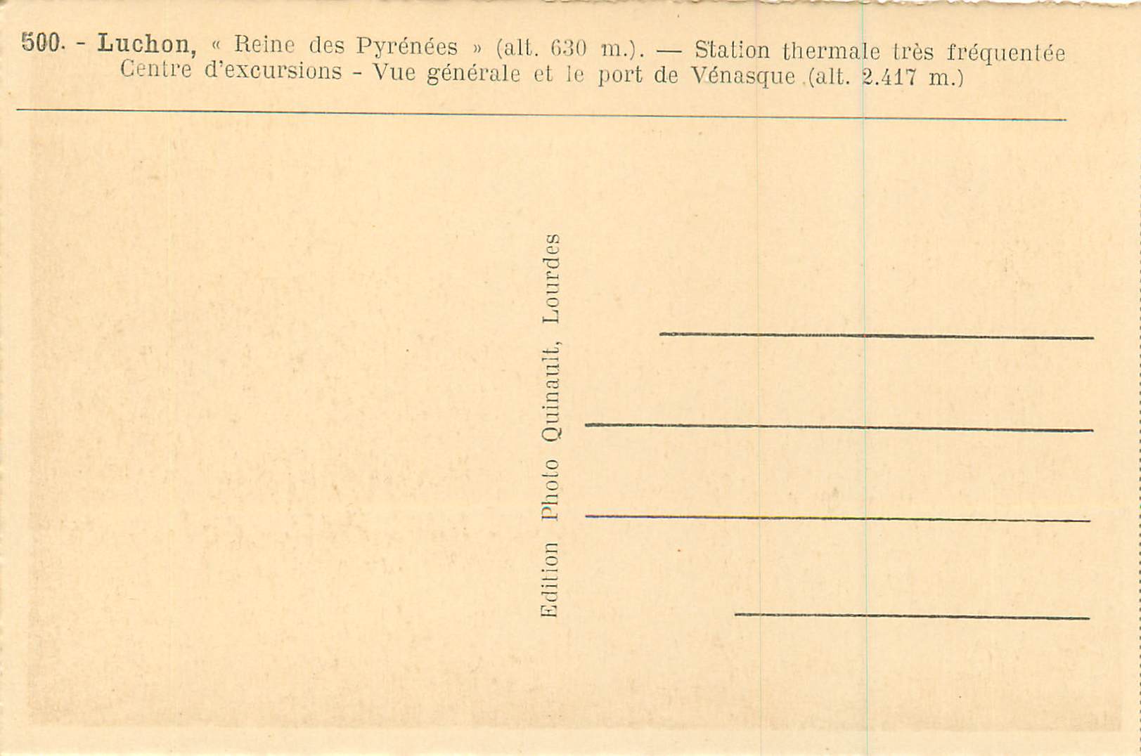 CPA Luchon Reine de Les Pyrenees Station thermale tes frequentee centre d'excursions  vue generale et le port de Venesqu — Rückseite