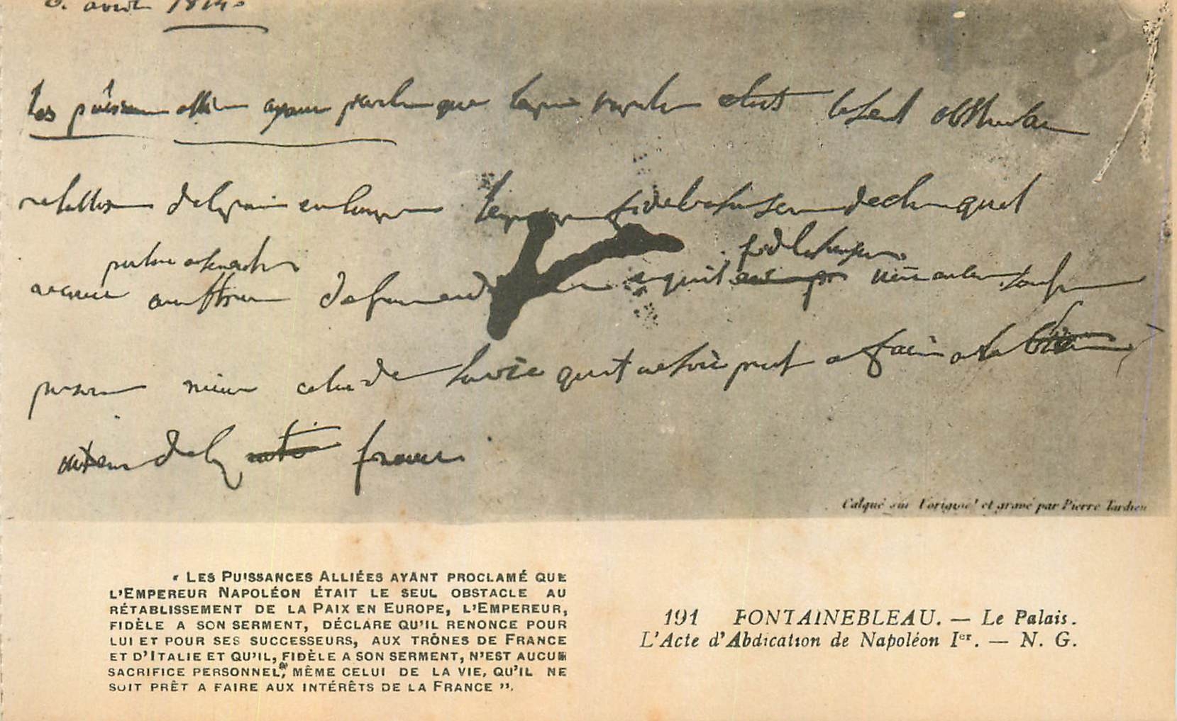 Fontainebleau — El Palacio. El Acto de Abdicación de Napoleón I — N.G. — Editor: LEVY Frères & Cie, París