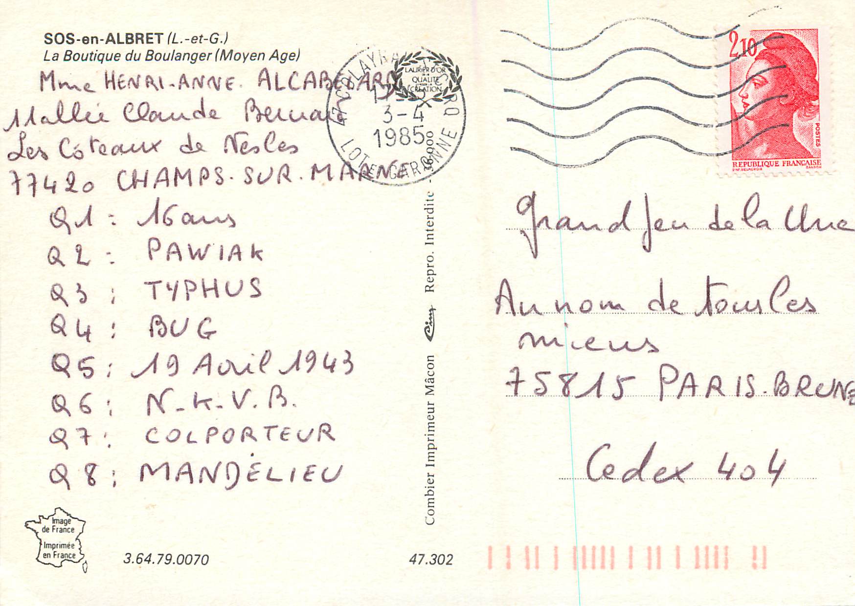 CPM Sos en Albert L et G La Boutique du Boulanger Moyen Age  — Back
