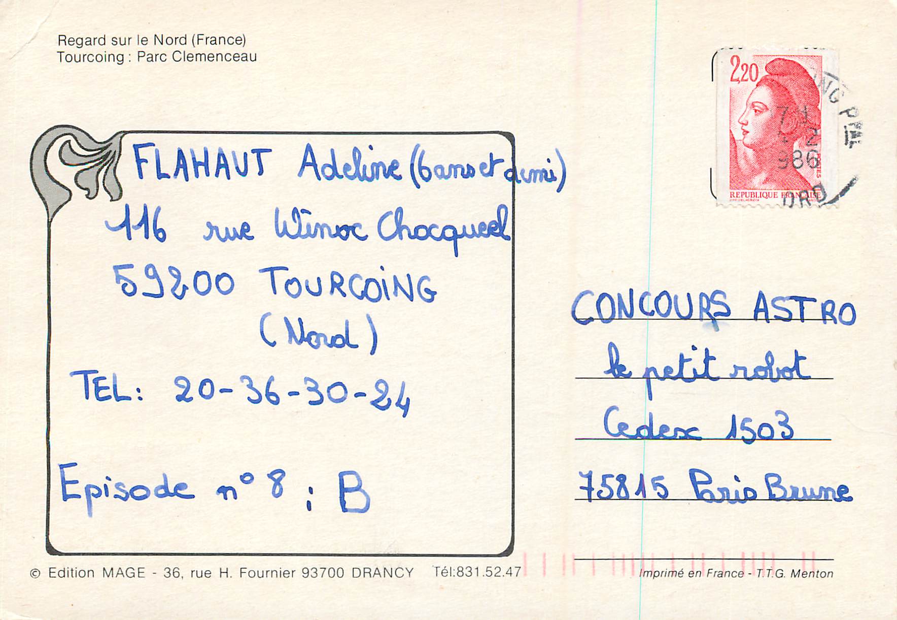 CPM Regard sur le Nord Tourcoing Parc Clemenceau  — Rückseite
