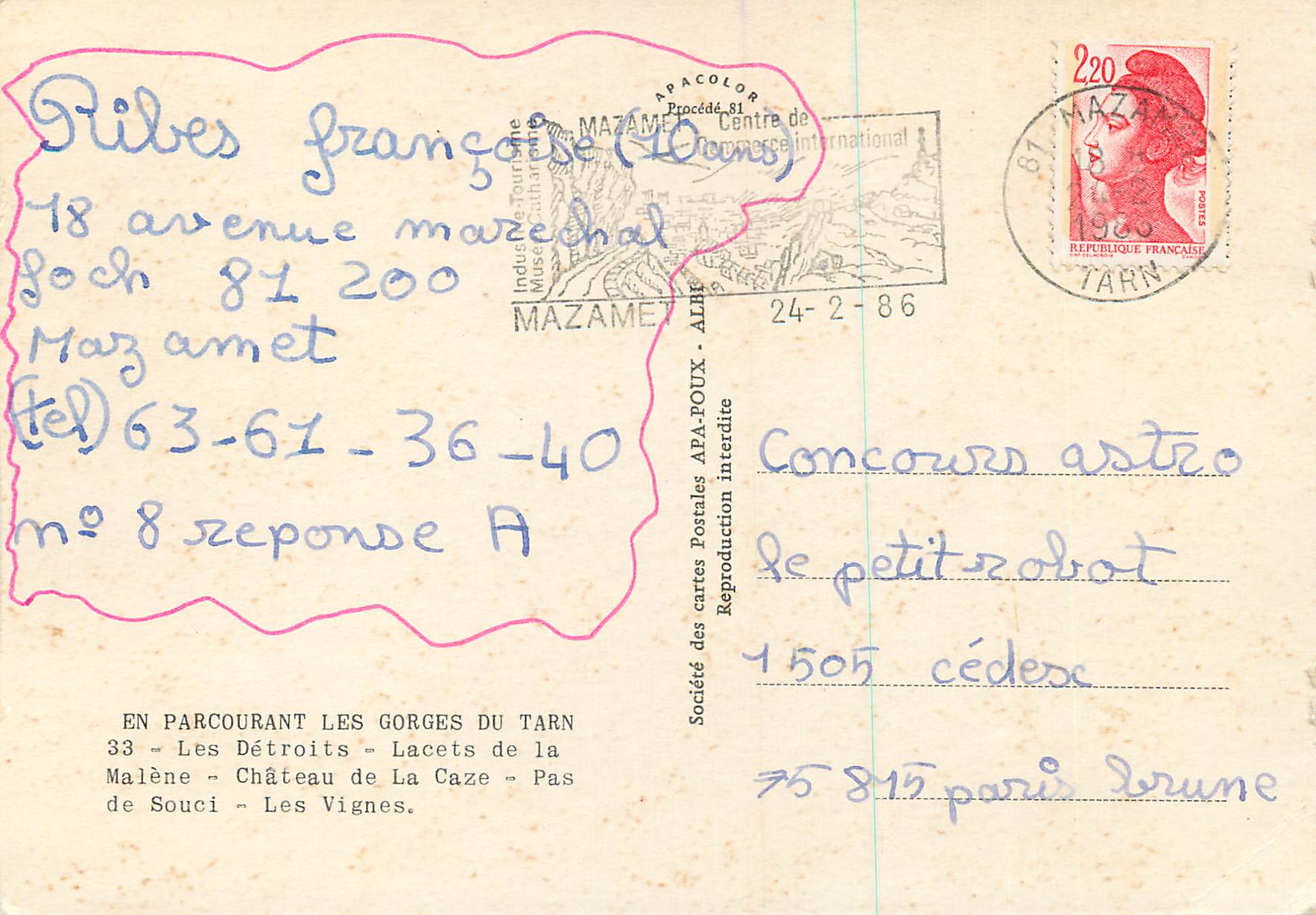 CPM En Parcourant les Gorges du Tarn Les Detroits Lacets de la Malene Chateau de la Caze Pas de Souci  — Rückseite