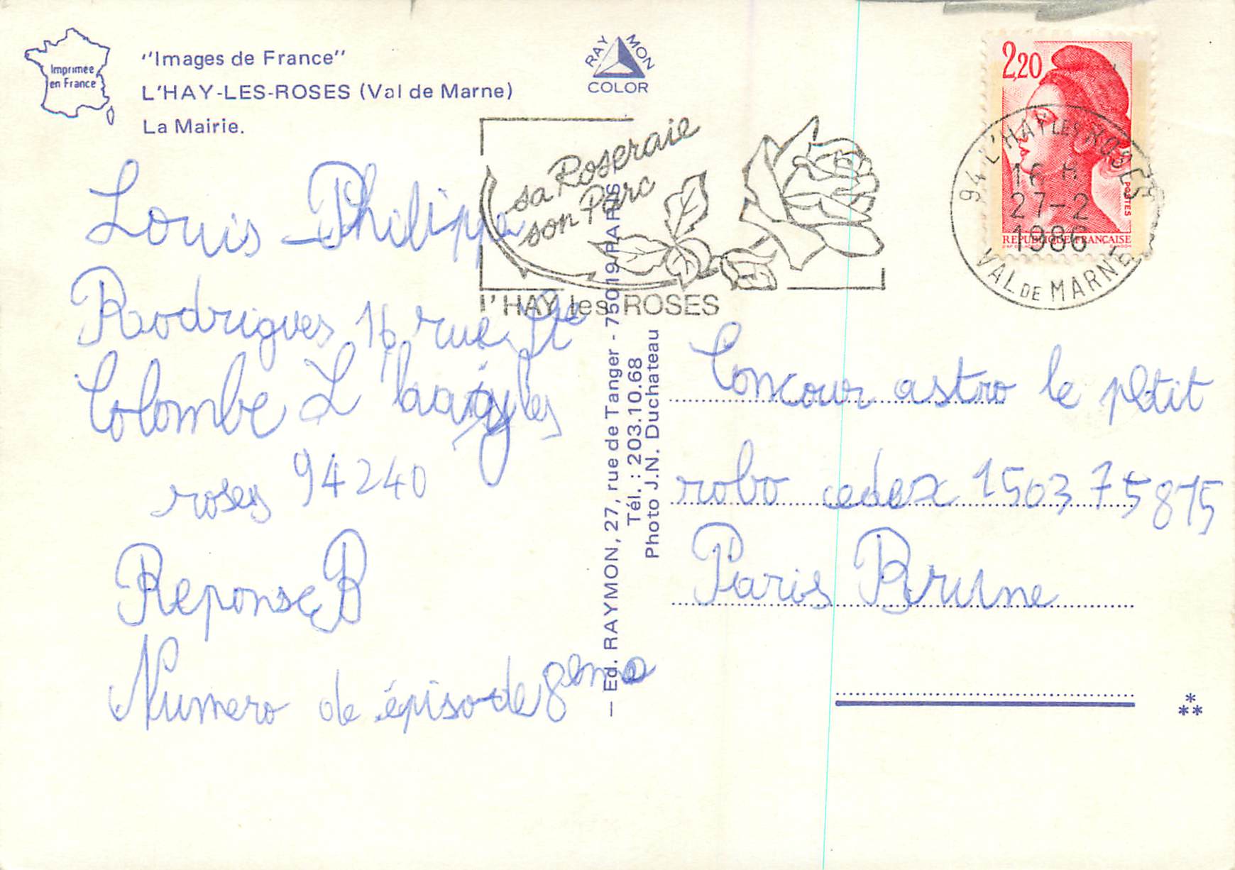 CPM L Hal les Roses Val de Marne La Mairie  — Rückseite