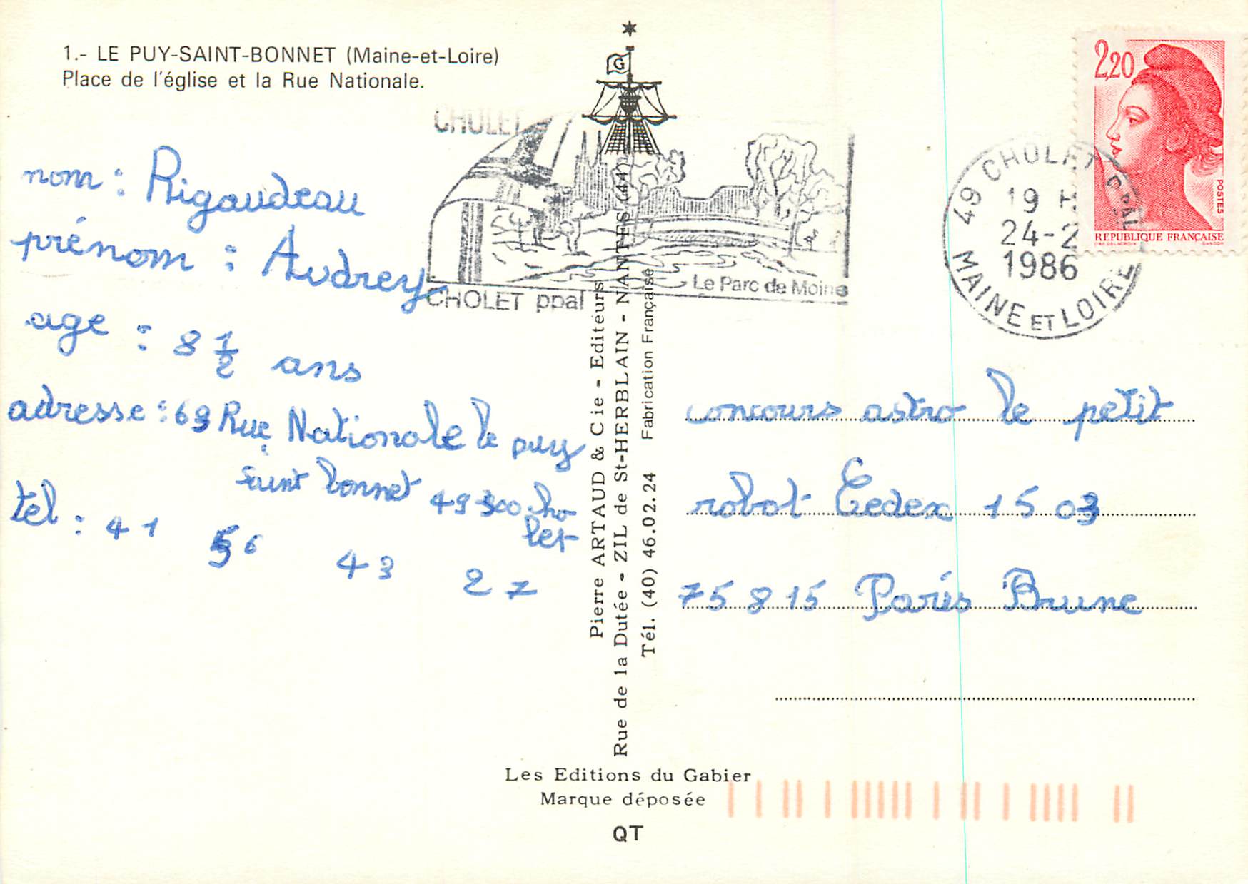 CPM Le Puy Saint Bonnet Maine et Loire Place de l eglise et la Rue Nationale  — Rückseite