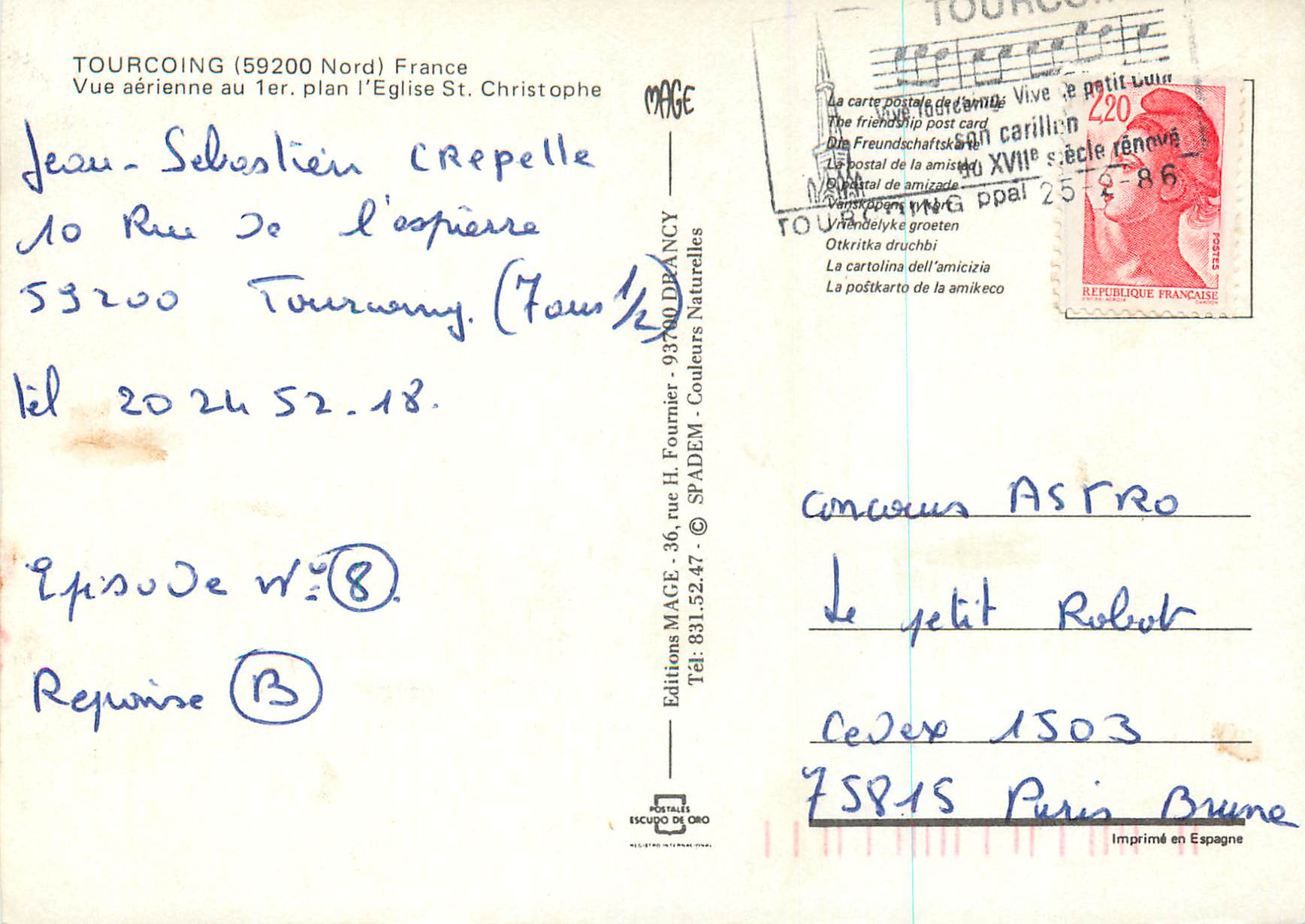 CPM Tourcoing Nord France Vue aerienne Eglise St Christophe  — Rückseite