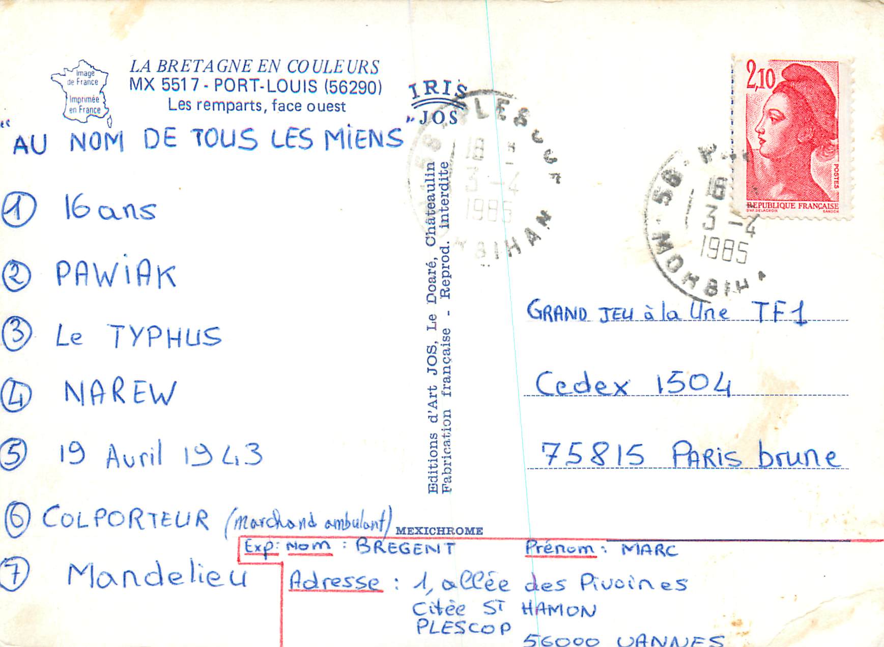 Les remparts, face ouest — Port-Louis (56290) — Editions d'Art JOS, n° MX 5517 — Rückseite