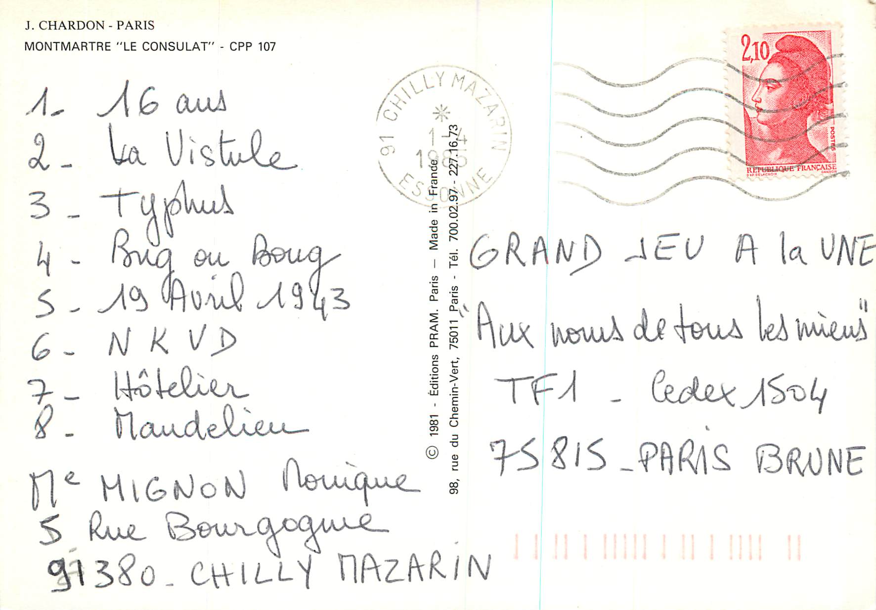 CPM J Chardon Paris Montmartre Le Consulat  — Verso
