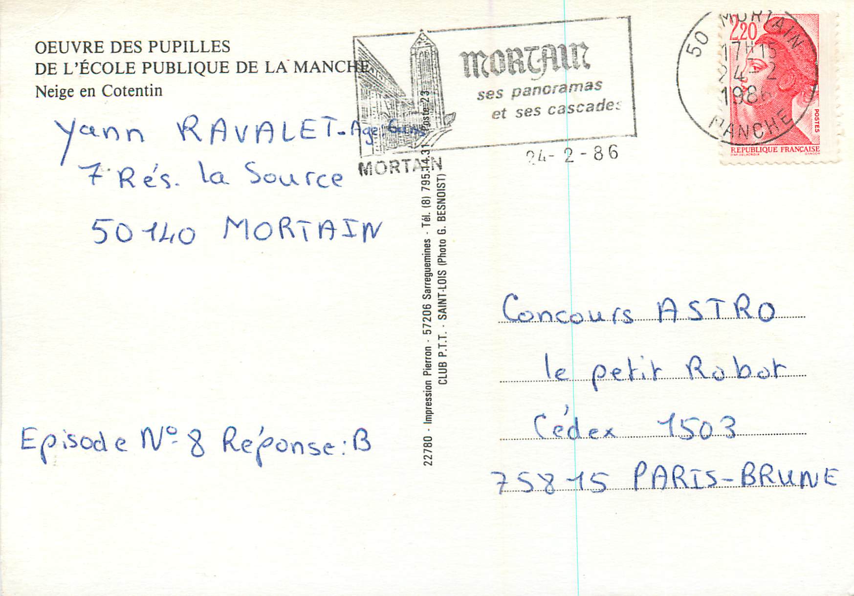Neige en Cotentin — Mortain — Oeuvre des Pupilles de l'École Publique de la Manche — Rückseite