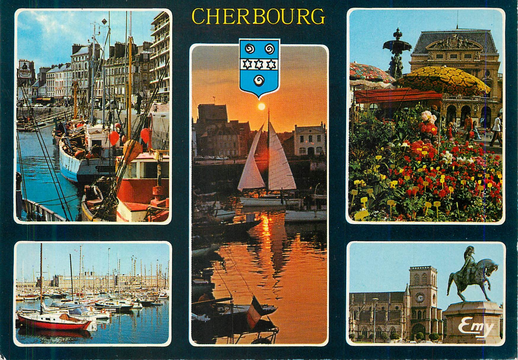 Cherbourg — vue du port, coucher de soleil, marché aux fleurs, statue de Napoléon Ier et basilique — Éditions Normandes LE GOUBEY