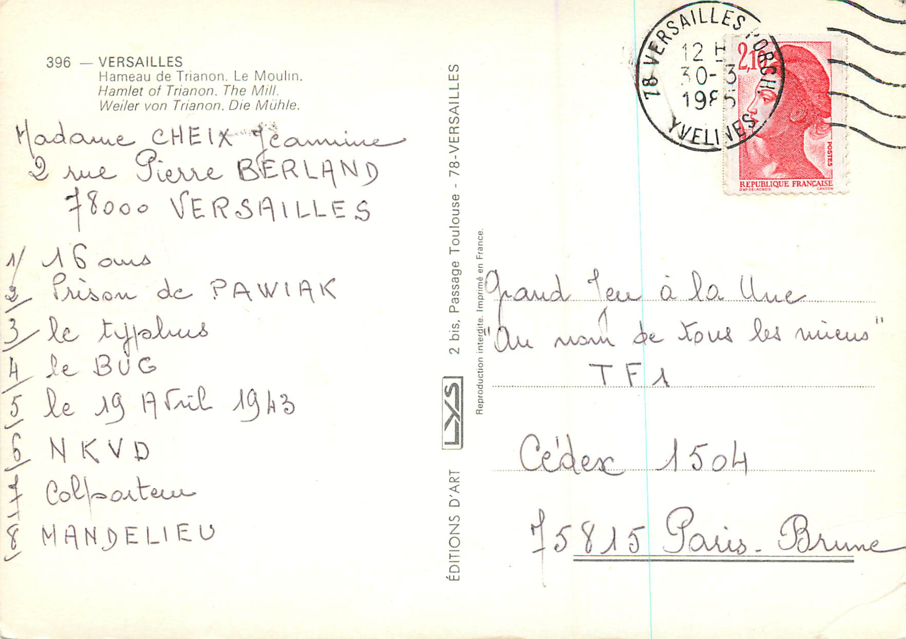 CPM Versailles Hameau de Trianon Le Moulin — Verso