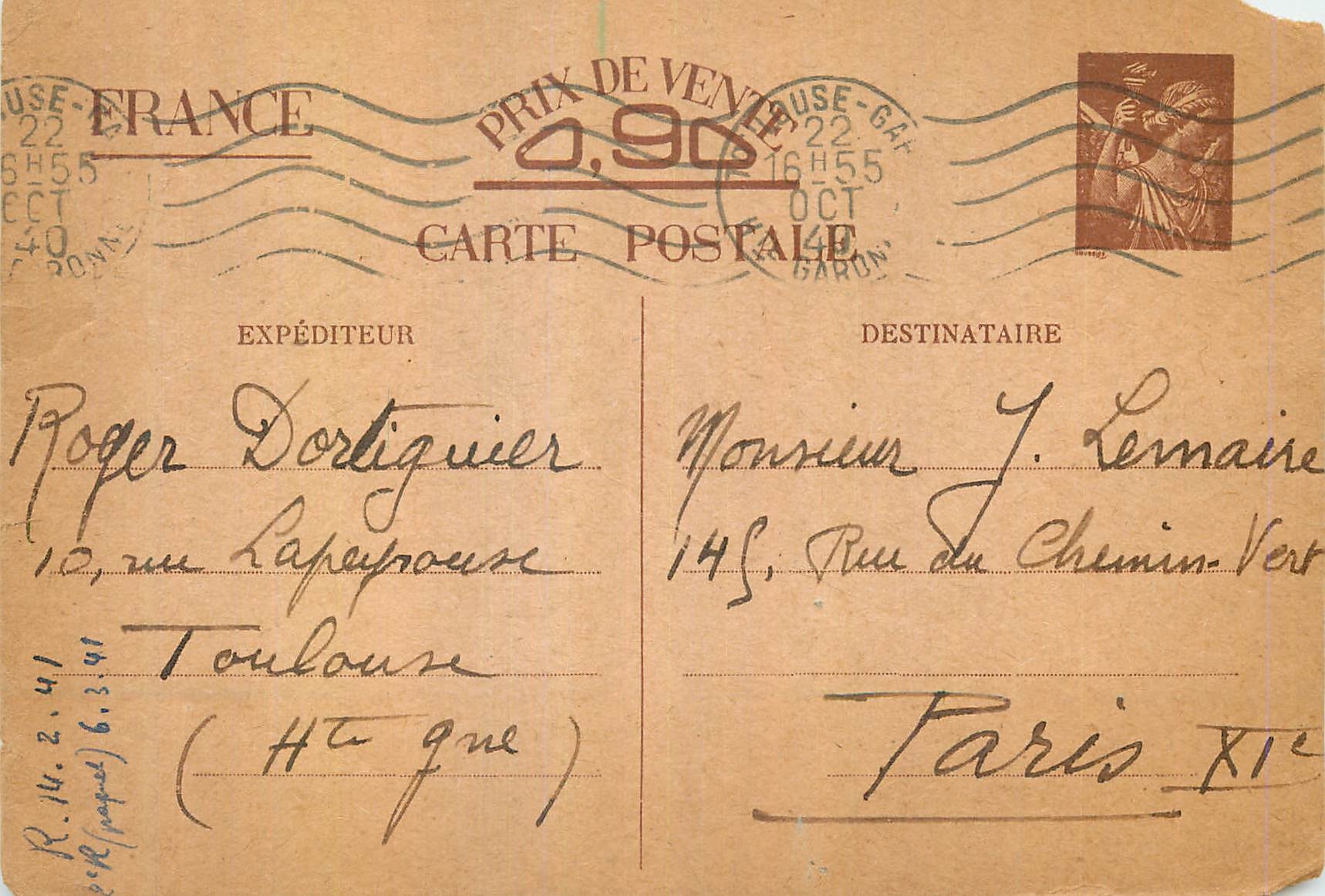 Carte Militaire Paix pour Lemaire Rue du Chemin Vert Paris