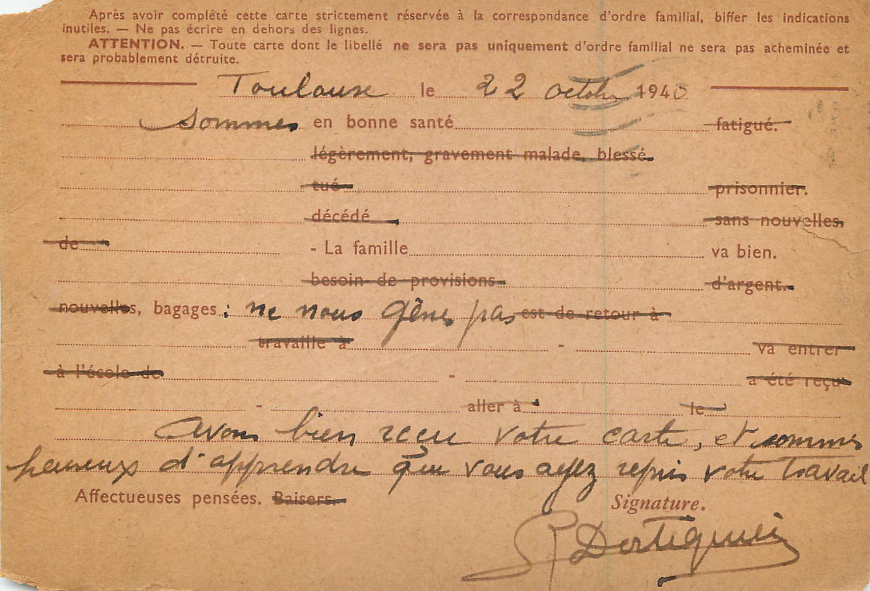 Carte Militaire Paix pour Lemaire Rue du Chemin Vert Paris — Rückseite