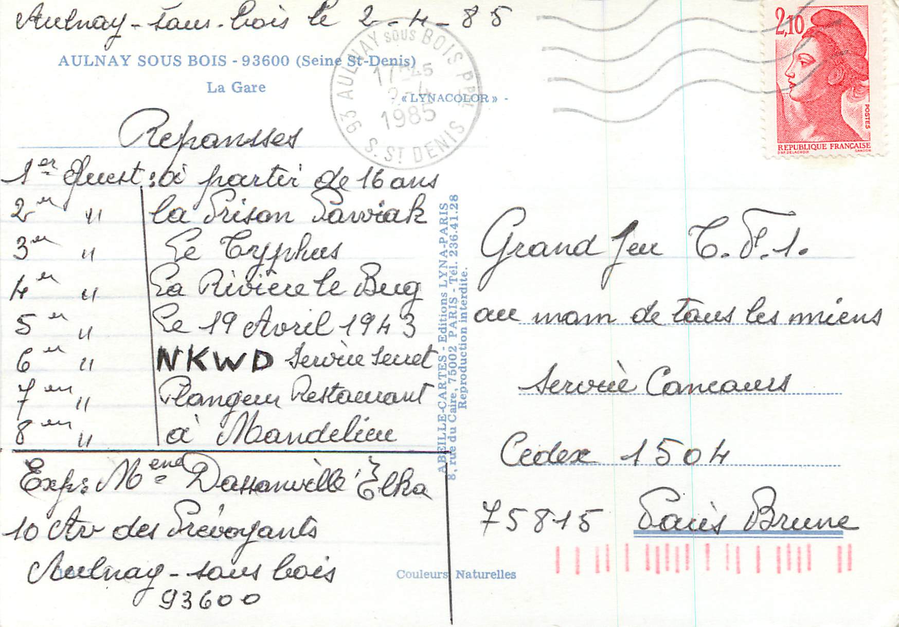 CPM Aulnay sous bois Seine St Denis La Gare SNCF — Back