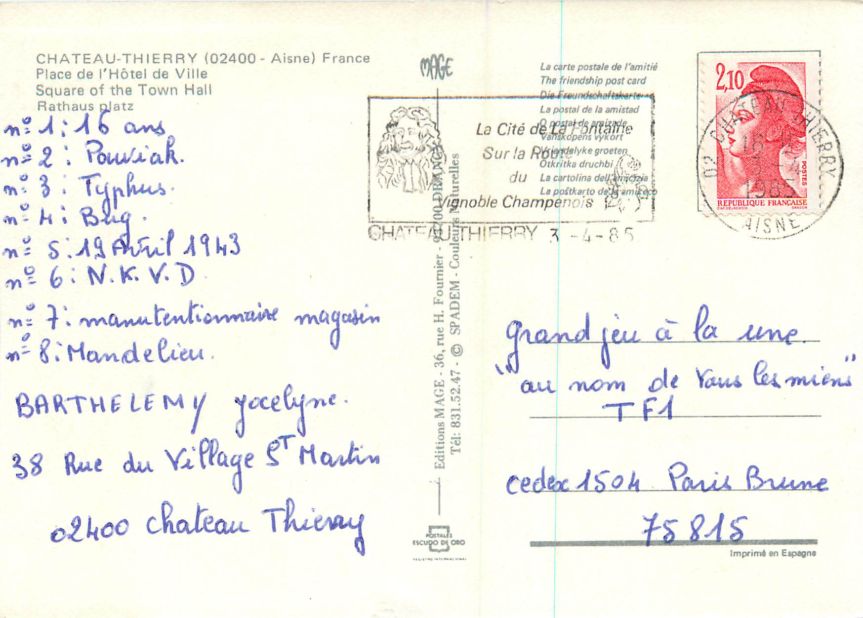 Château-Thierry — Place de l'Hôtel de Ville — Éditions MAGE — Rückseite