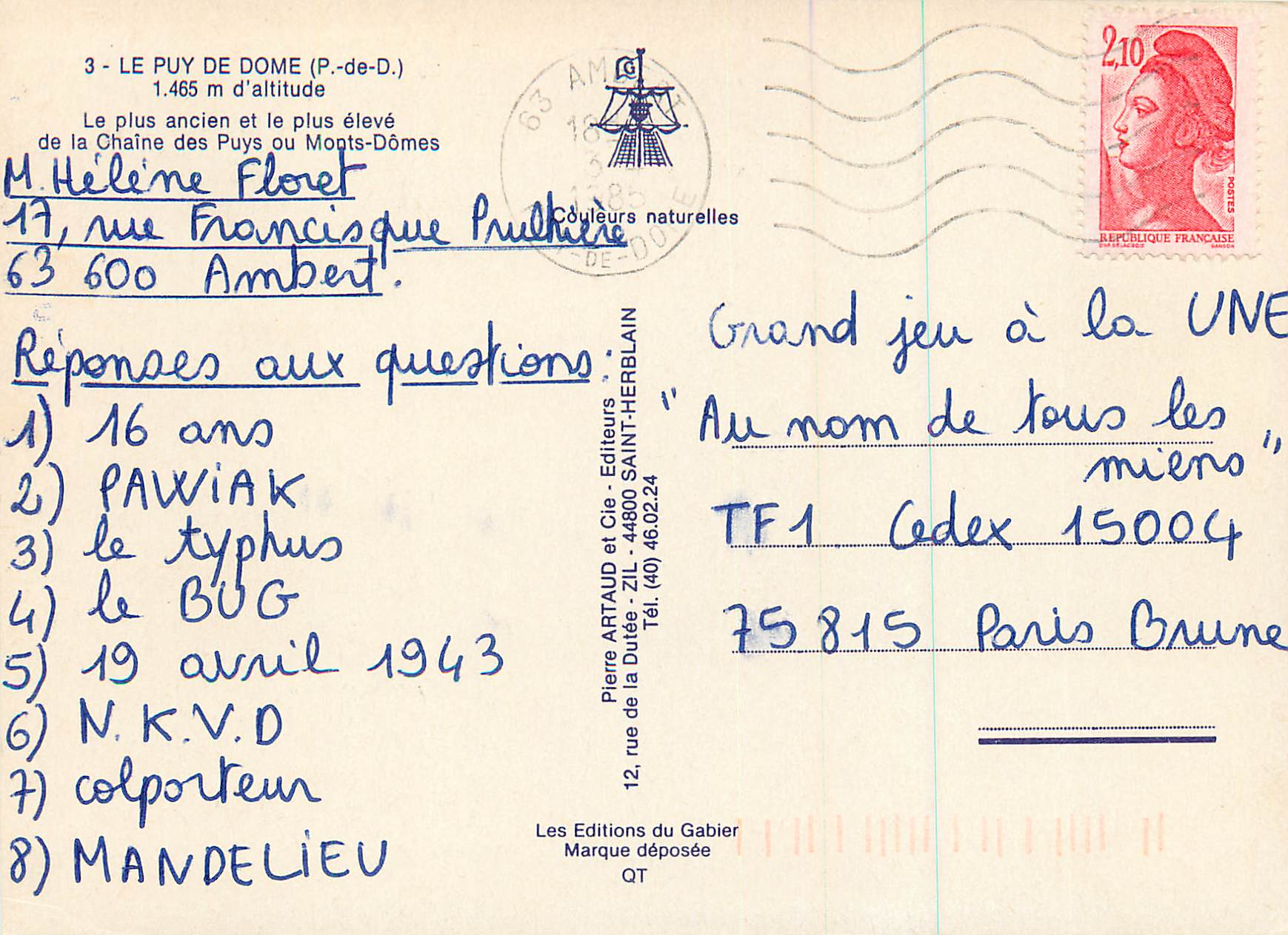 Puy de Dôme — Monts-Dômes — Éditeur Pierre Artaud et Cie — Rückseite