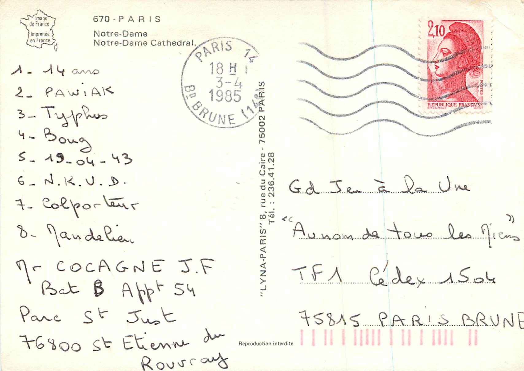 Notre-Dame de Paris — vue aérienne — Imprimée en France — Verso