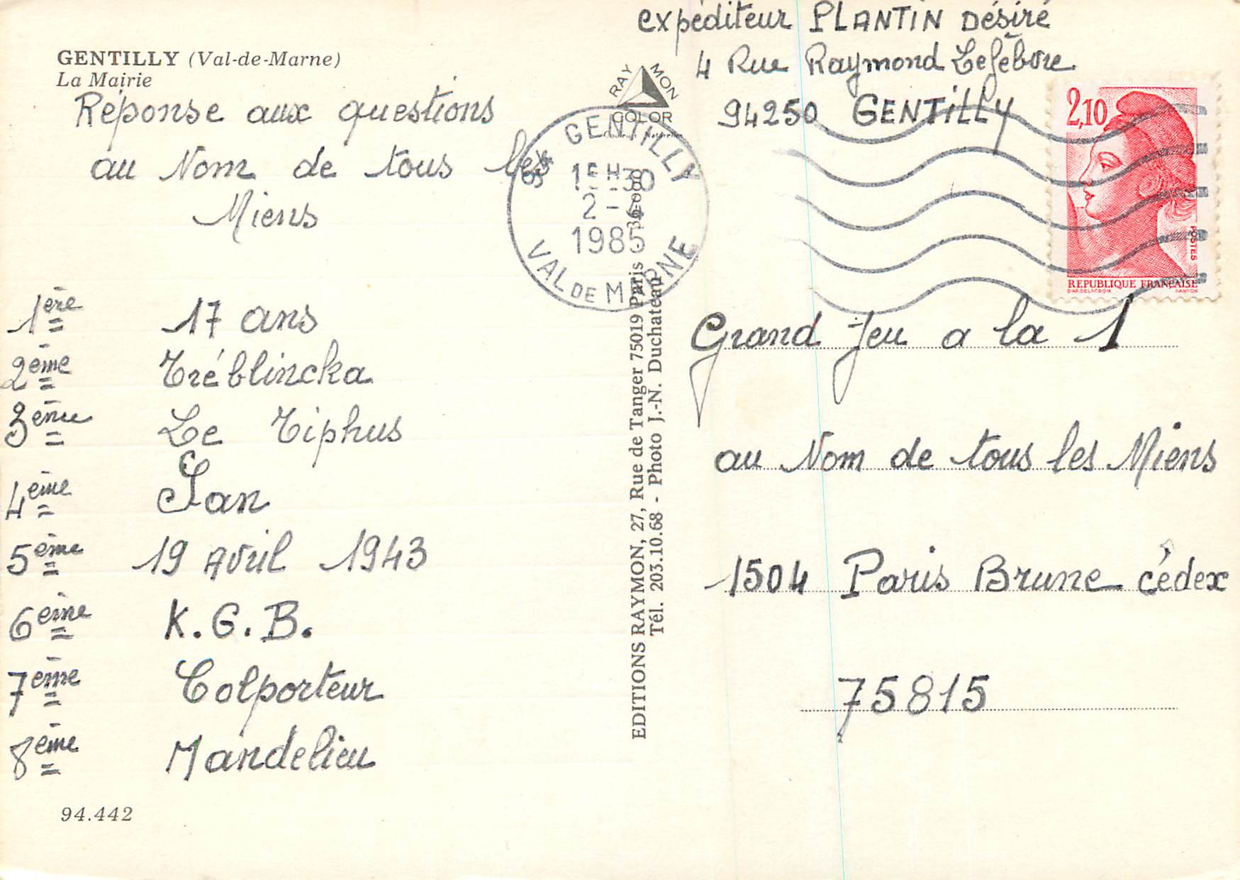 CPM Gentilly Val de Marne La Mairie  — Rückseite